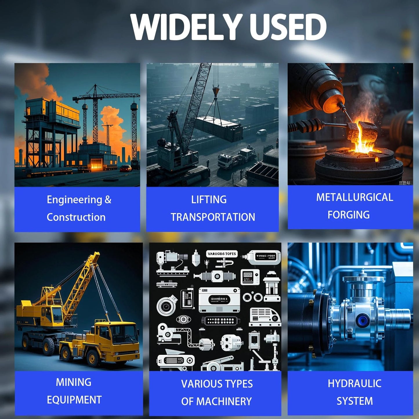 Collage showing applications of hydraulic hose in engineering, lifting, forging, mining, machinery, and hydraulic systems.