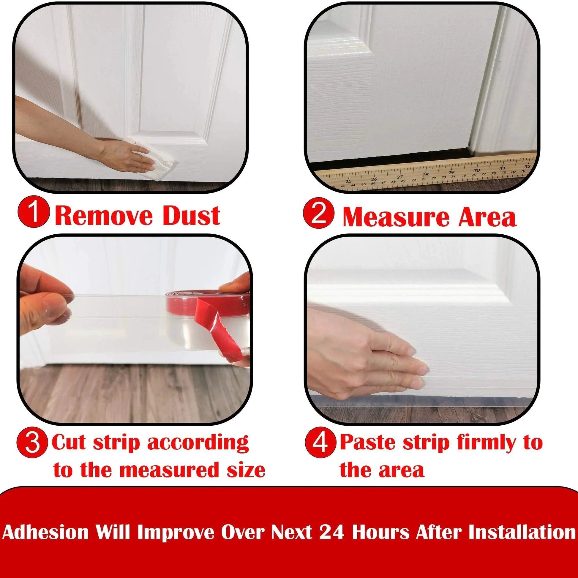 Installation steps for Clear Weather Stripping Tape for Doors by Brandzini Thick 35mm Wide Silicone Draft Seal Transparent 10m Per Pack