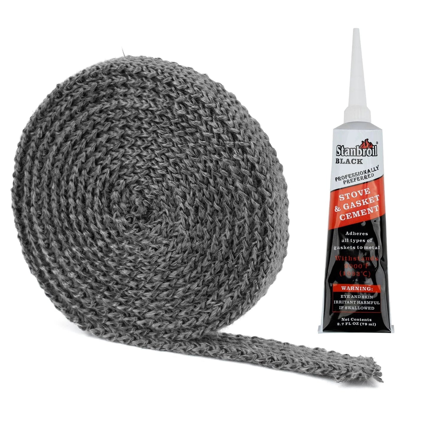 Graphite Impregnated Fiberglass Flat Rope Seal and High Temperature Cement Gasket Kit for Wood Stoves Replacement 5/8 in x 1/8 in x 84 in Includes 79 ml Gasket Cement for Easy Install and Airtight Stove Doors and Fireplace Inserts, showing graphite rope and cement tube.