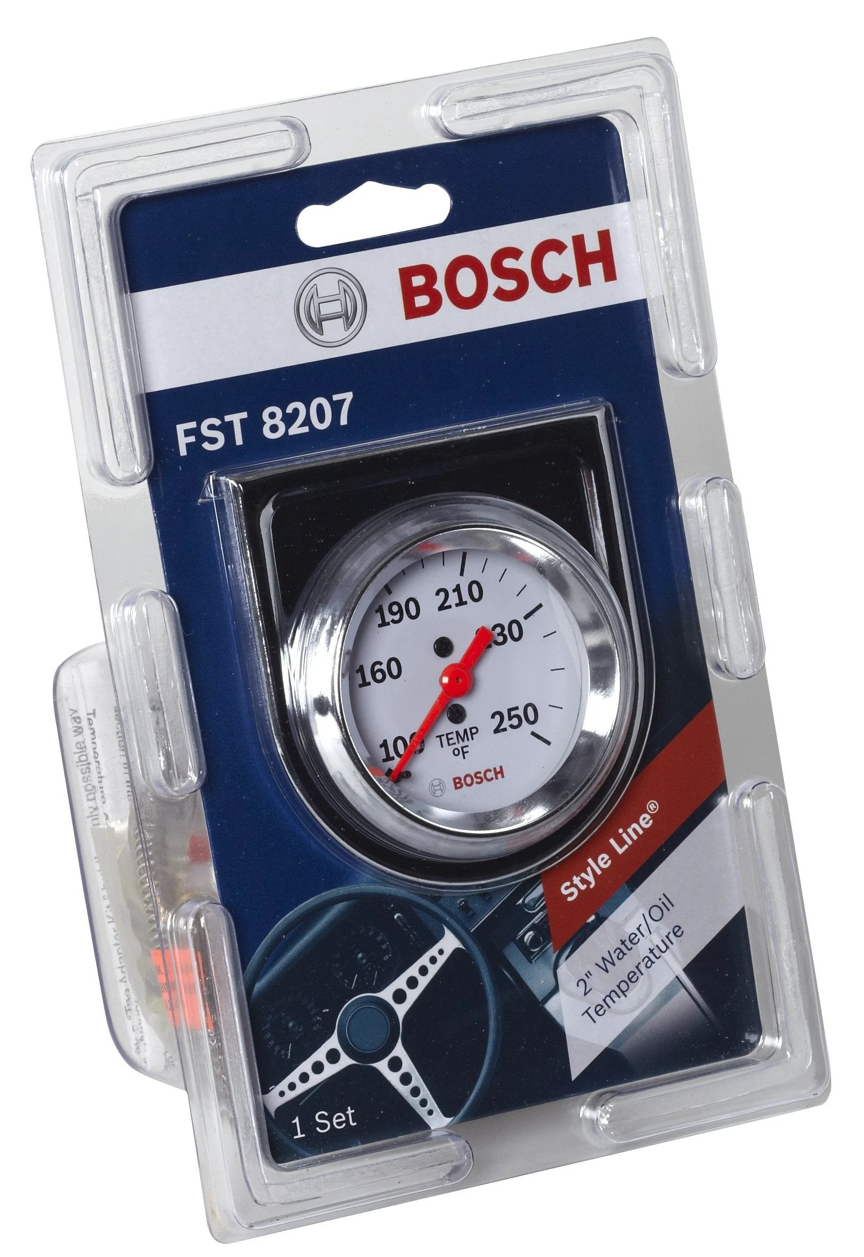 Style Line 2 Inch Mechanical Water And Oil Temperature Gauge For Dash Use With White Dial And Chrome Bezel, 270 Degree Sweep, 12V Backlighting, 100 To 250F Range, Fits 2 1/16 Inch Openings, Includes Mounting Hardware Bosch in packaging.