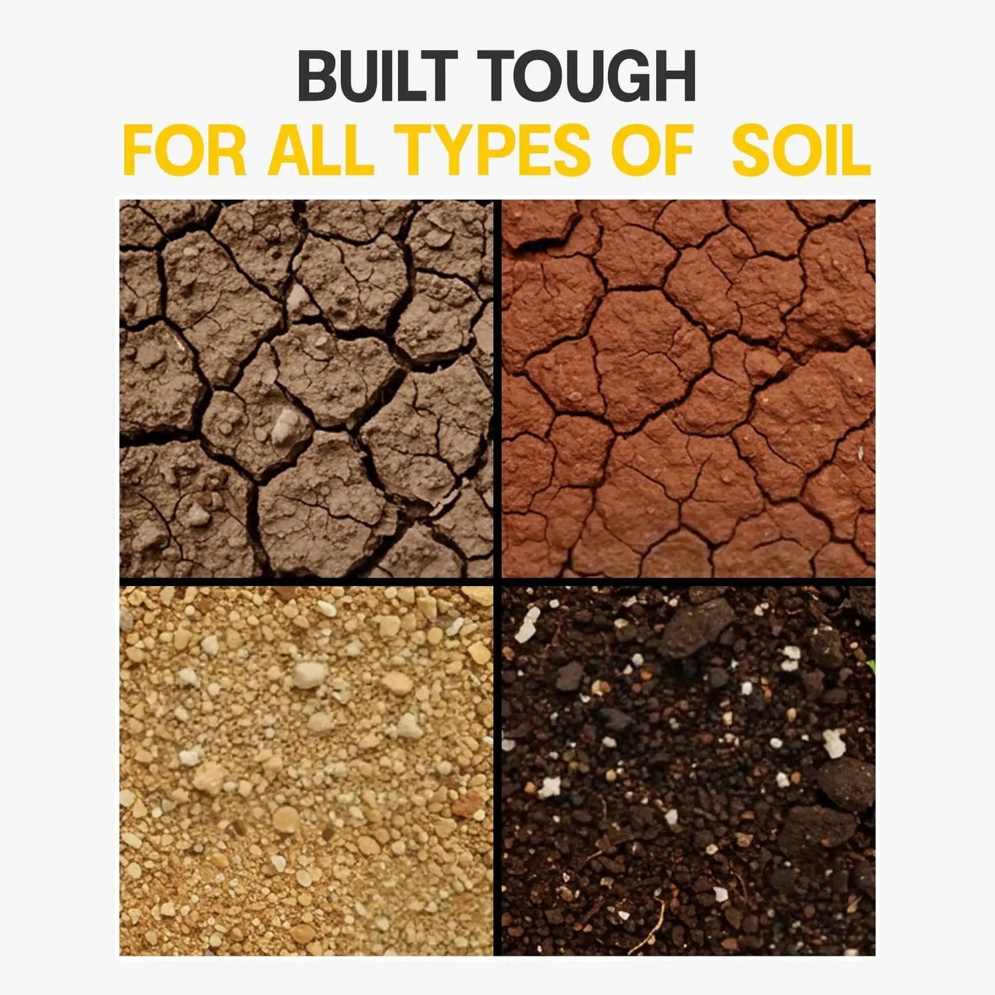 Four different soil types showcasing versatility of the Garden Auger Drill Bit for Planting One Point Six By Sixteen Point Five Inch.