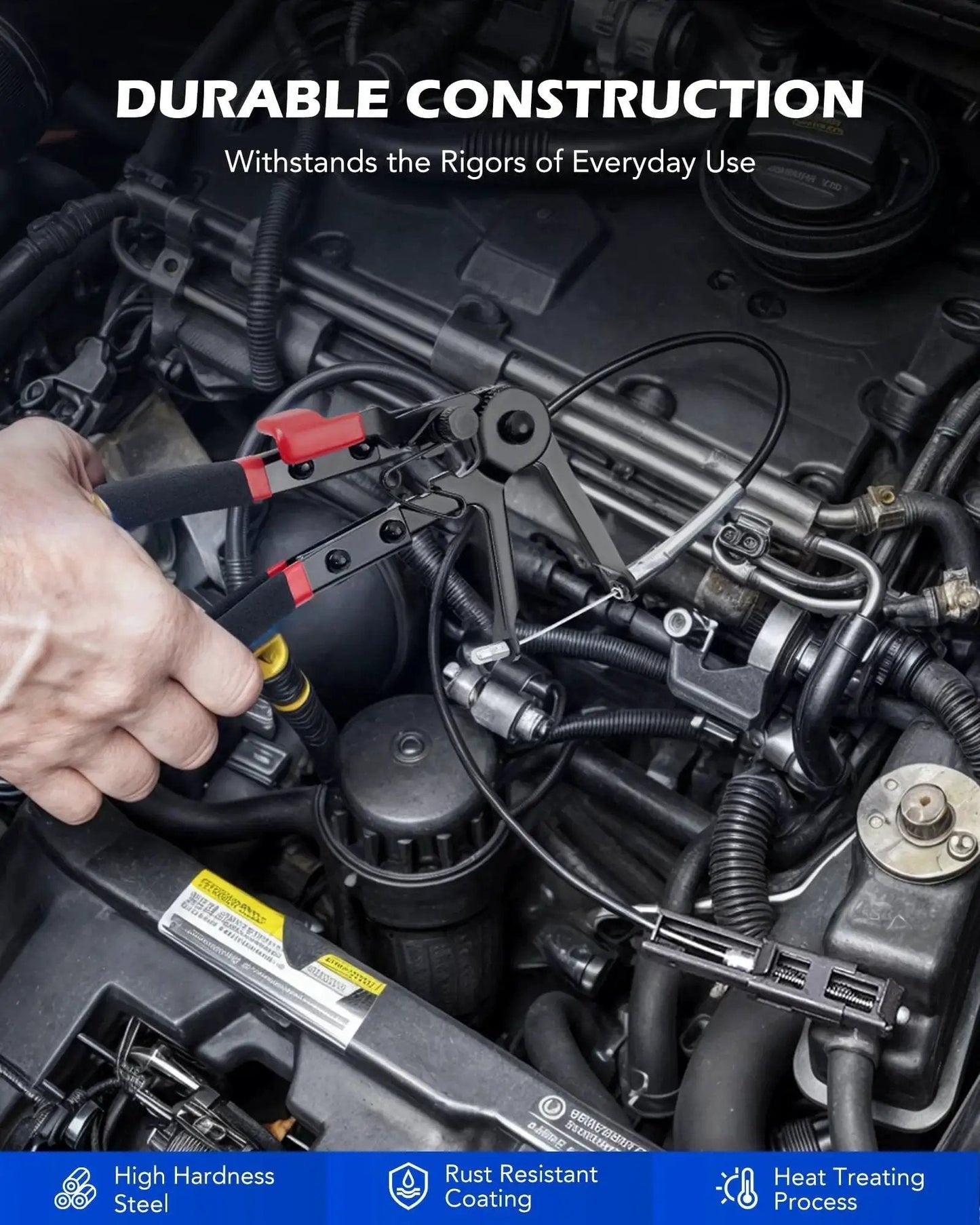 Mechanic using 9 Piece Hose Clamp Pliers Set With Long Reach Swivel Jaw And Flat Band Pliers on car engine