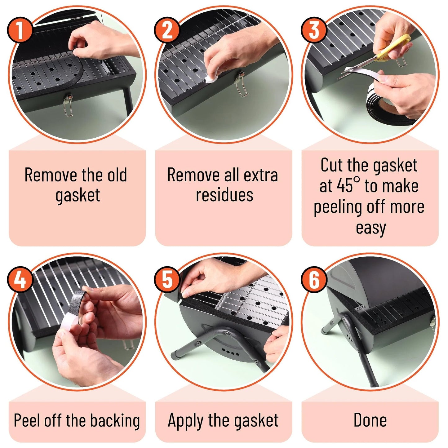 Step-by-step guide to installing Smoker Gasket 2 Pack 15 ft High Temp Black Grill Seal to Stop Air Leaks, shown on a grill.