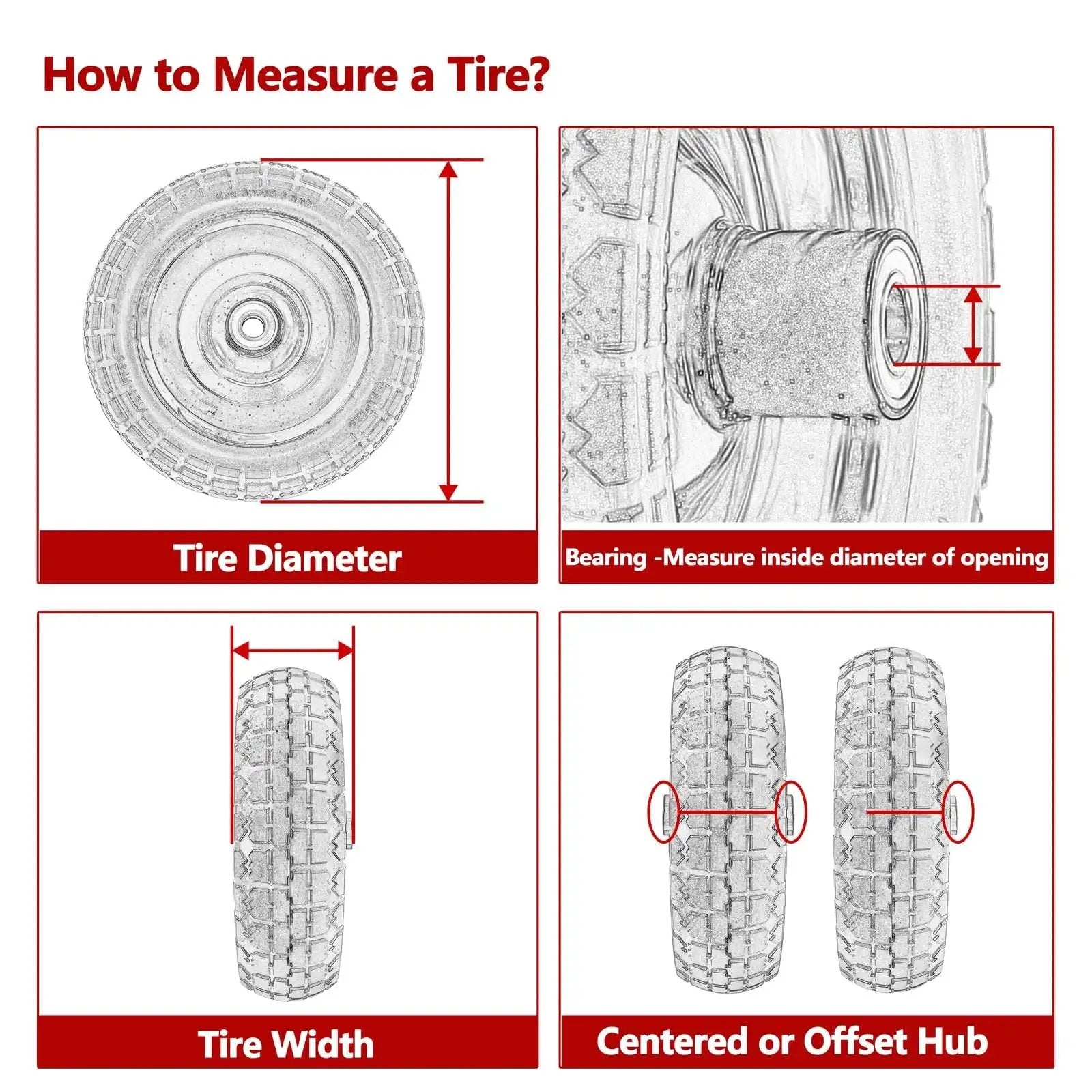 How to measure 10 Inch Solid Rubber Wheel Replacement dimensions, including diameter and offset hub details for hand trucks and carts.