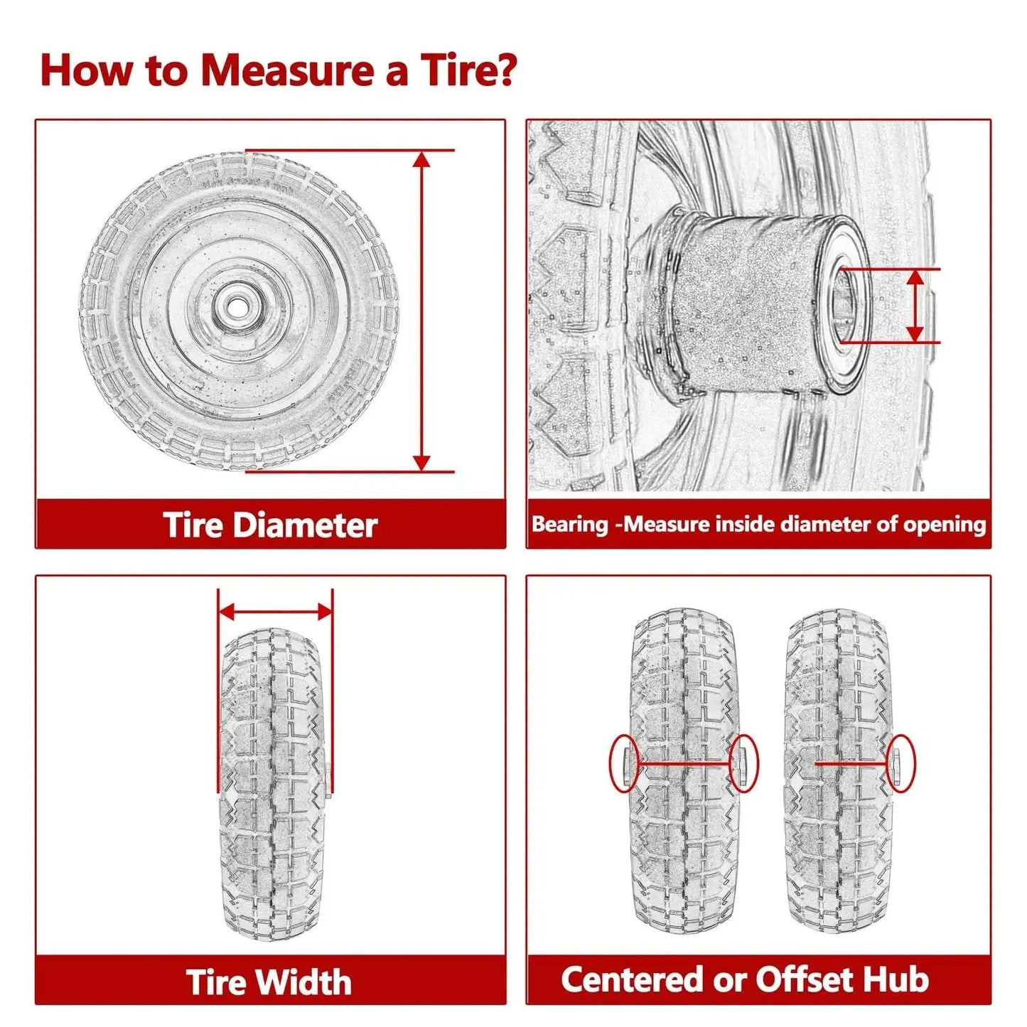 Diagram showing measurements for 10 Inch Flat Free Solid Tire And Wheel Replacement 4.10/3.50-4 For Hand Trucks Wagons and Utility Carts