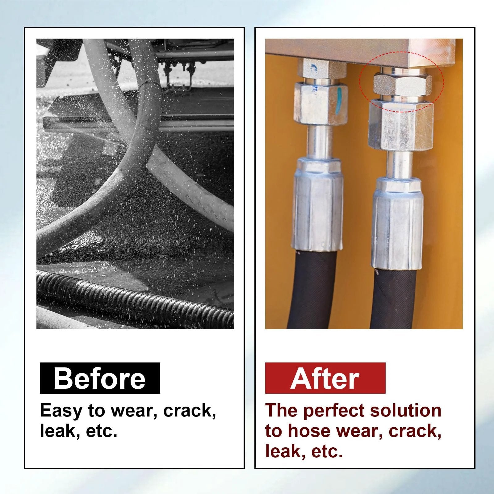 Before and after image showing Set Of 2 M14x1.5 To M14x1.5 Carbon Steel Hydraulic Hose Thread Adapters improving hose connection.