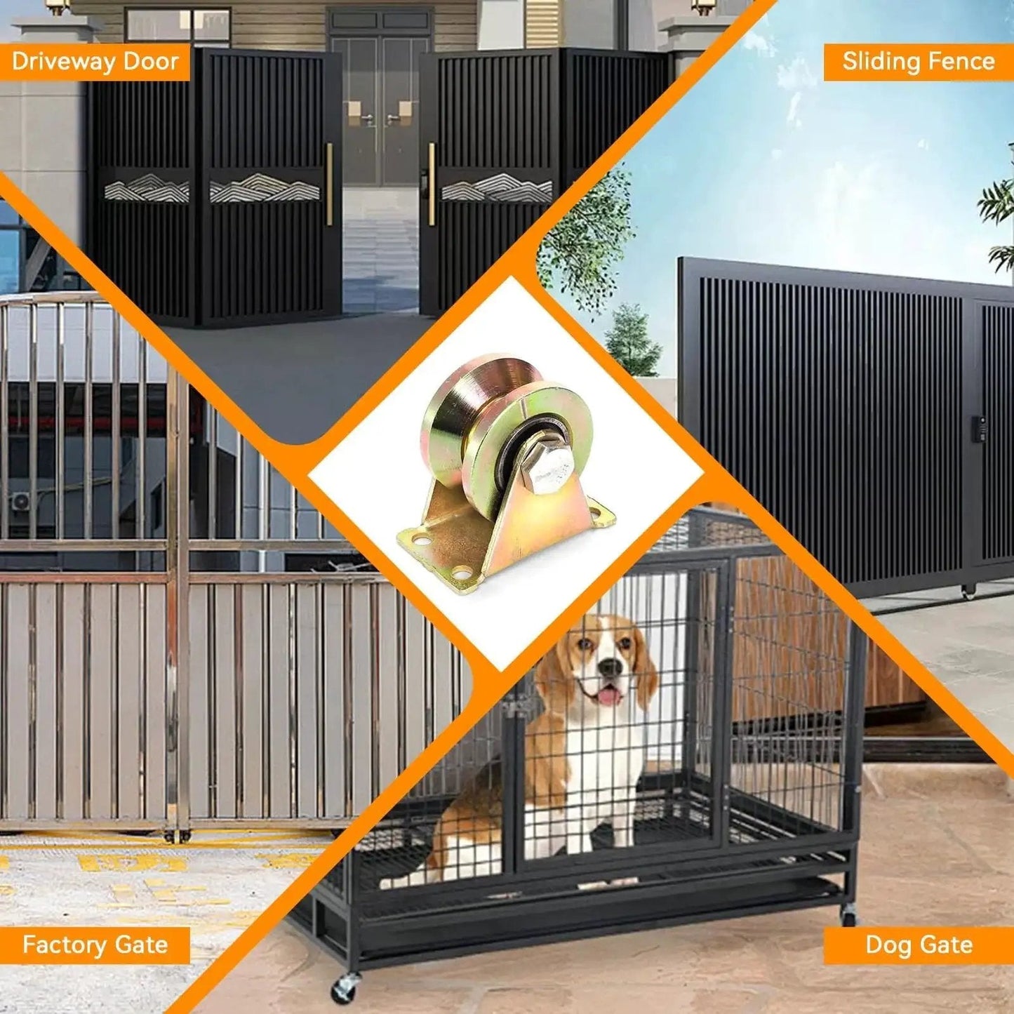 Eight Pack Beefy 2 Inch V Groove Wheel Casters in use, shown with driveway door, sliding fence, factory gate, and dog gate applications.