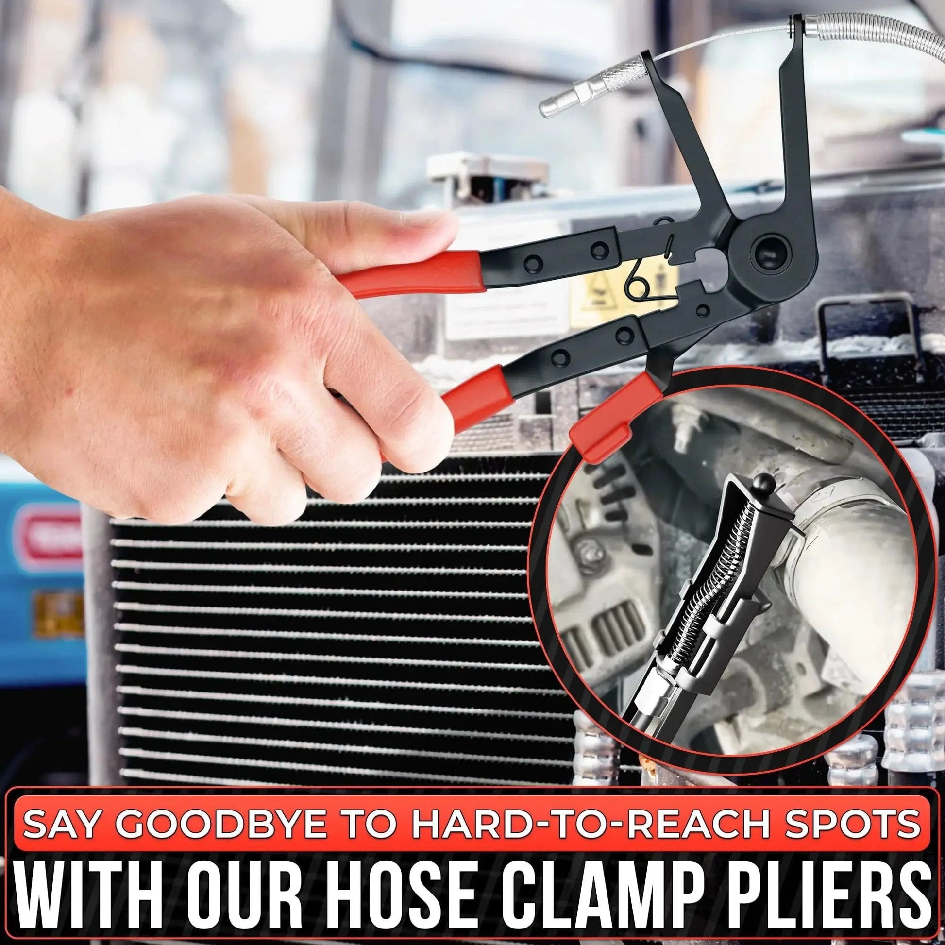Radiator Hose Clamp Tool With Ratchet Locking Pliers For Easy One-Hand Operation being used in tight engine space