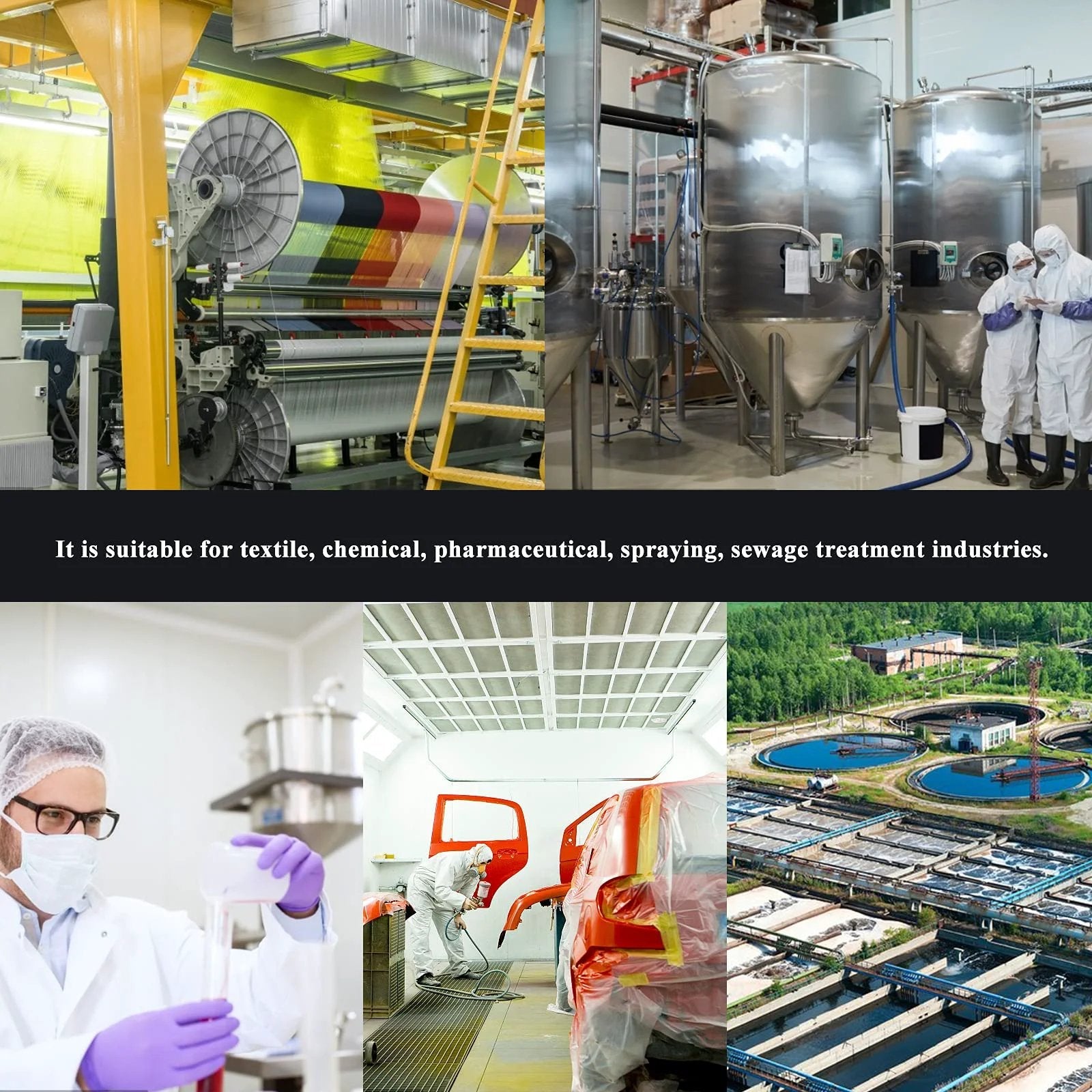 Collage of industrial settings: textile machinery, chemical tanks, lab with technician, car painting, and sewage treatment plant