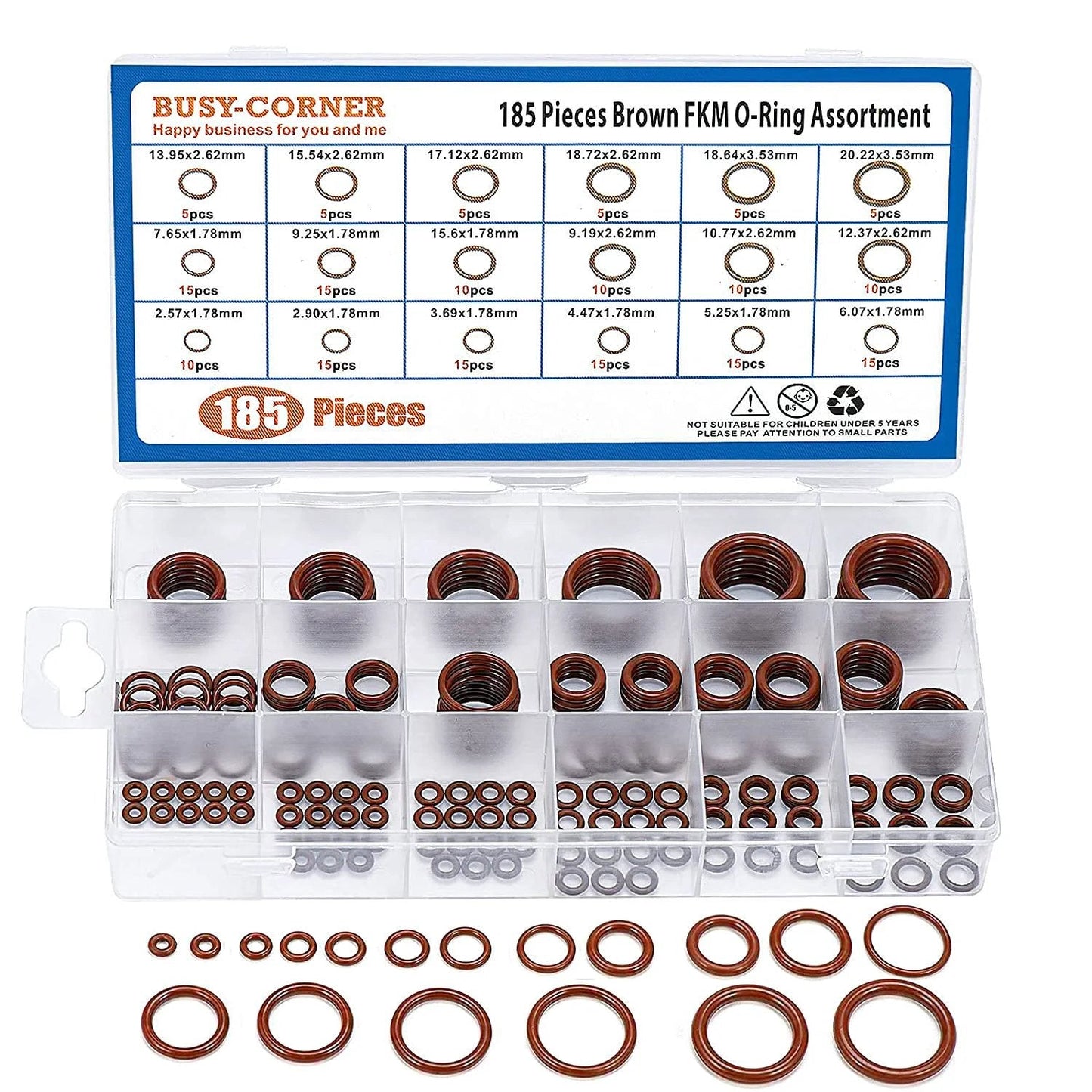 Pro Grade FKM O Ring Kit With 185 Pieces Brown Fluorocarbon 75A Durometer For Heavy Duty Sealing in plastic case