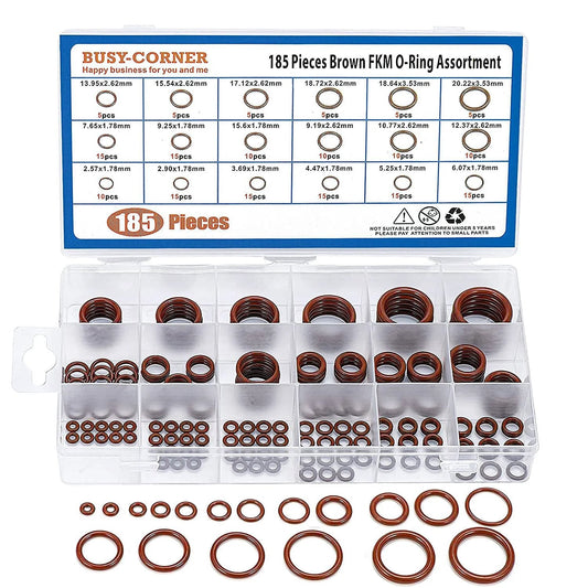 Pro Grade FKM O Ring Kit With 185 Pieces Brown Fluorocarbon 75A Durometer For Heavy Duty Sealing in plastic case