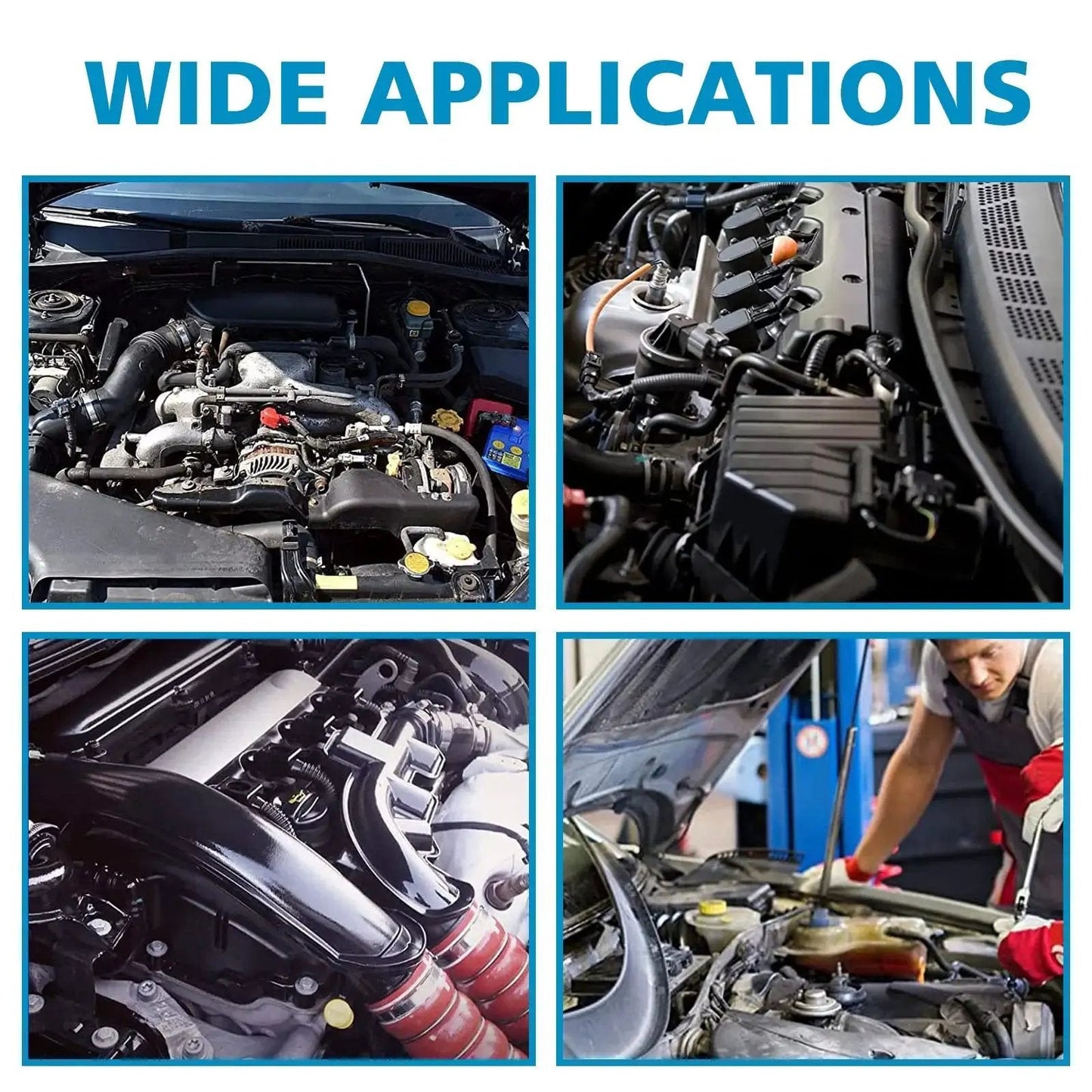 Collage showcasing car engines and repairs using 115 Piece Vacuum Connector Kit With Heat Resistant Nylon 66 Tubing Fittings Up To 240 C 460 F