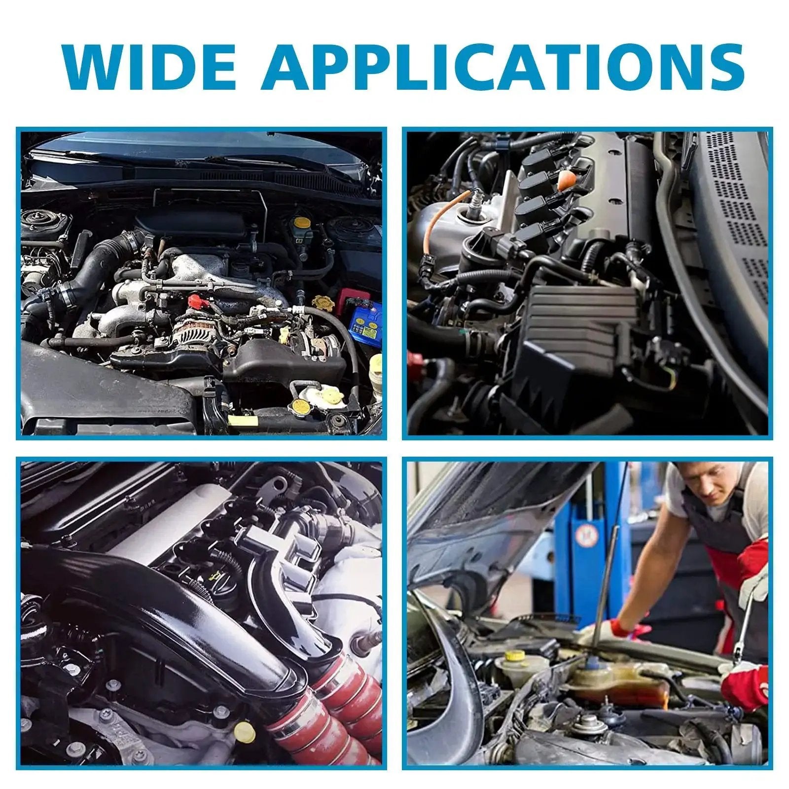 Collage showcasing car engines and repairs using 115 Piece Vacuum Connector Kit With Heat Resistant Nylon 66 Tubing Fittings Up To 240 C 460 F
