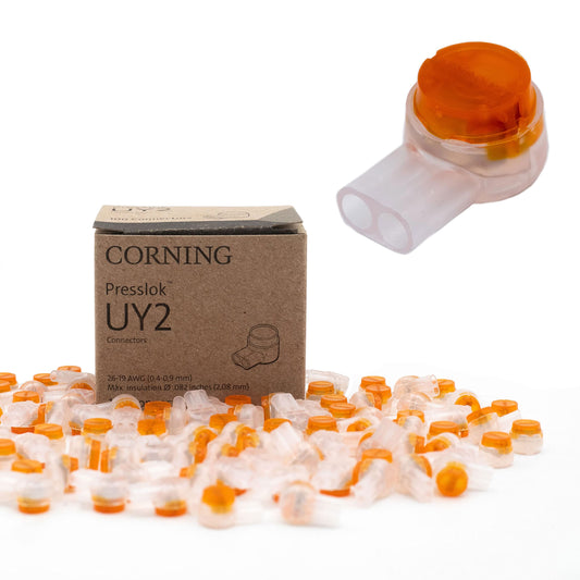 Quality Presslok Solvent Resistant Wire Splice Terminals For Electrical Automotive Data Oil And Telephone Use With Anticorrosive Construction And The Best Crimps On The Market Corning UY2 100 Pack, image of packaging and individual splice.