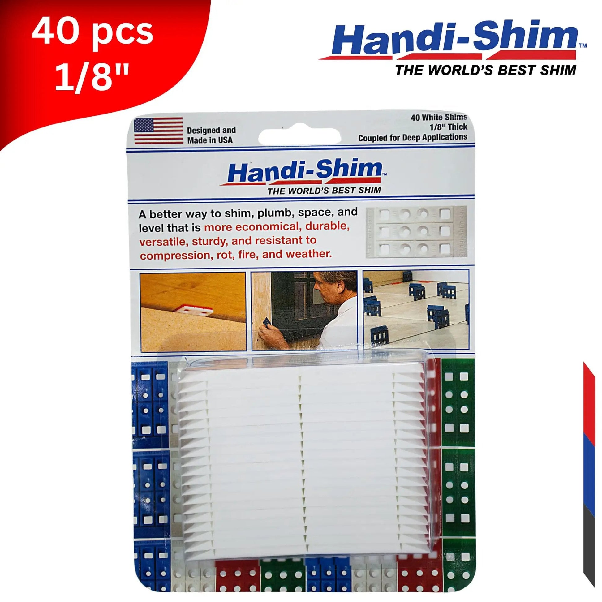 Heavy Duty Reusable Plastic Construction Shims For Spacing And Leveling Great For DIY Projects And Plumbing 40 Piece Pack One Eighth Inch White Handi Shim, front view with packaging.