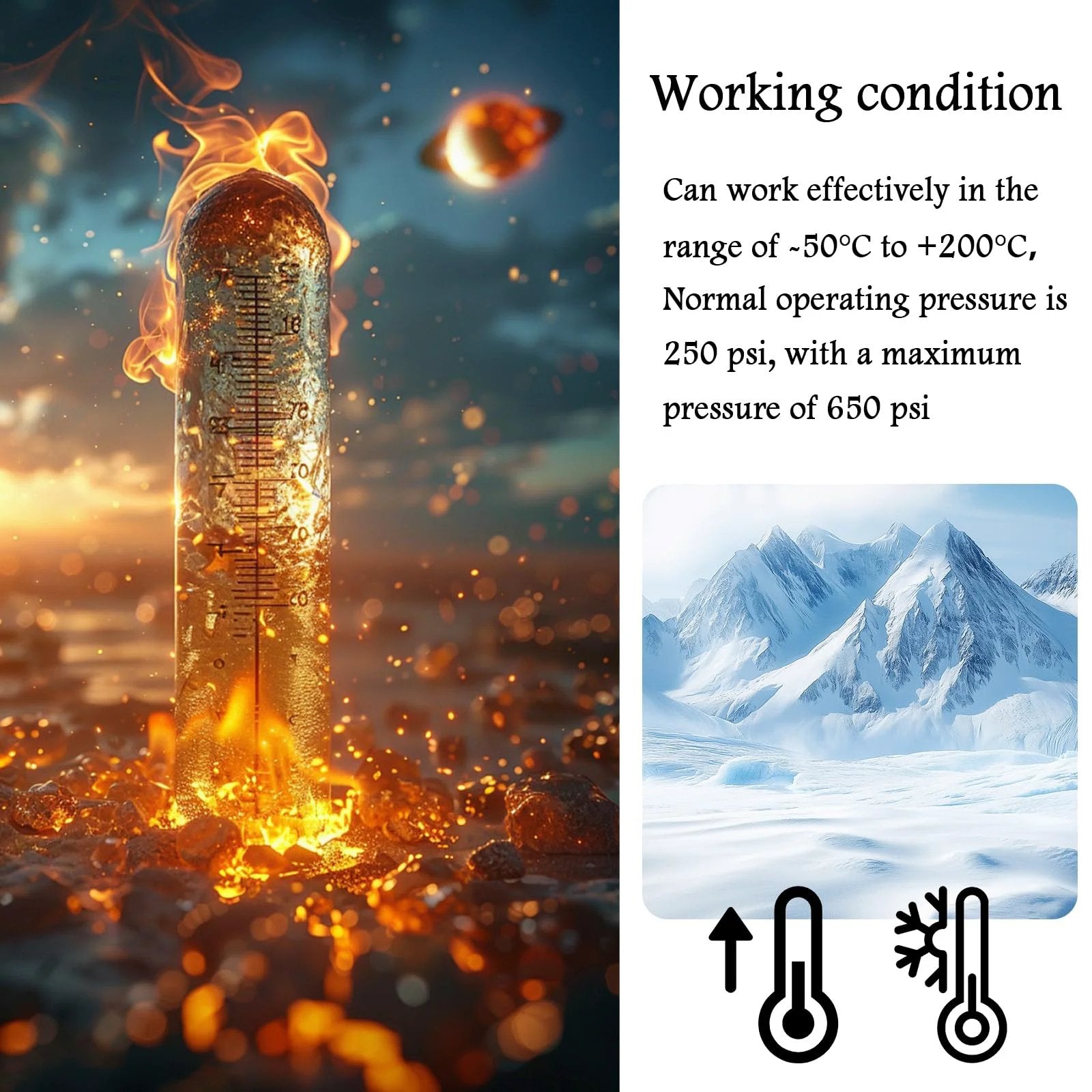 Illustration of a temperature gauge in extreme heat and cold conditions, showing a wide operational temperature range for the heater hose.