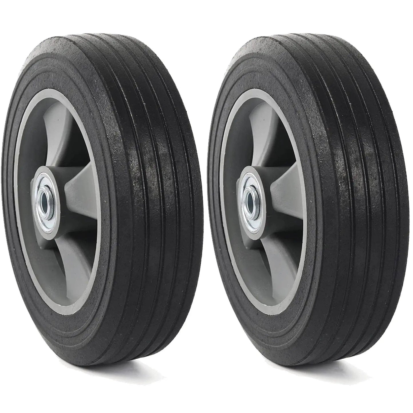 Two Pack 8 Inch Flat Free Solid Rubber Wheel And Tire Assemblies For Hand Trucks Dollies Trolleys And Garden Carts With Three Quarter Inch Axle Bore And 2 Inch Offset Hub Easy Slide On Installation No Tools Required