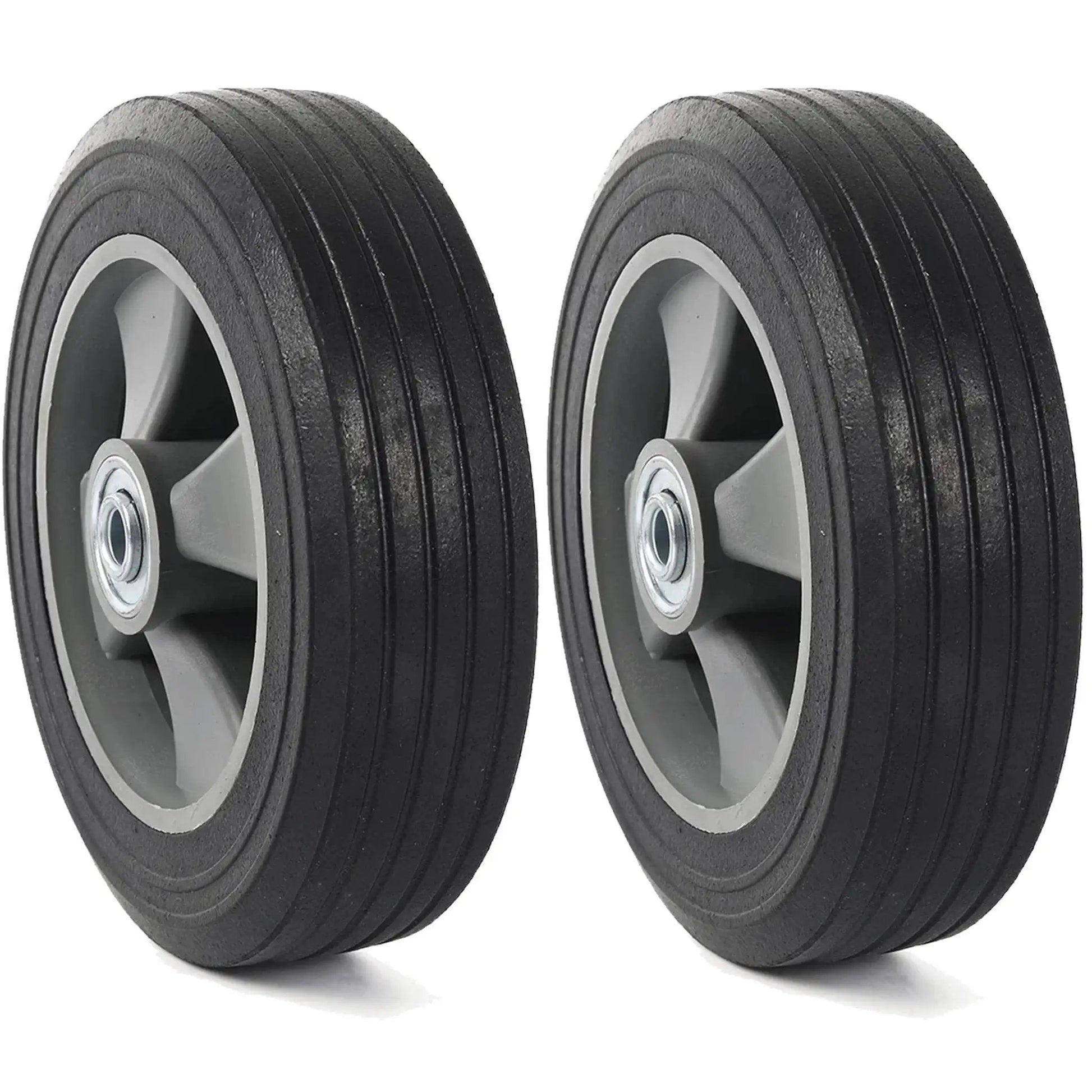 Two Pack 8 Inch Flat Free Solid Rubber Wheel And Tire Assemblies For Hand Trucks Dollies Trolleys And Garden Carts With Three Quarter Inch Axle Bore And 2 Inch Offset Hub Easy Slide On Installation No Tools Required