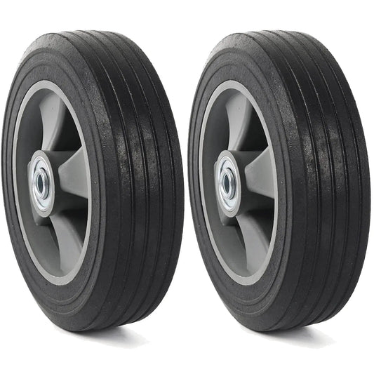 Two Pack 8 Inch Flat Free Solid Rubber Wheel And Tire Assemblies For Hand Trucks Dollies Trolleys And Garden Carts With Three Quarter Inch Axle Bore And 2 Inch Offset Hub Easy Slide On Installation No Tools Required