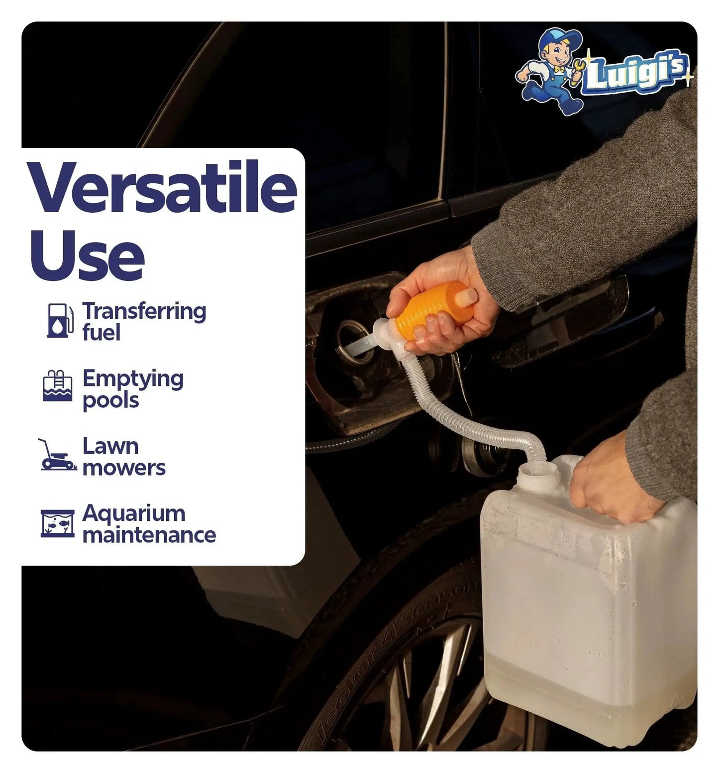 Siphon Pump for Water and Gasoline Transfer Manual Hand Pump for Lawn Mowers in use transferring fuel from can to vehicle.