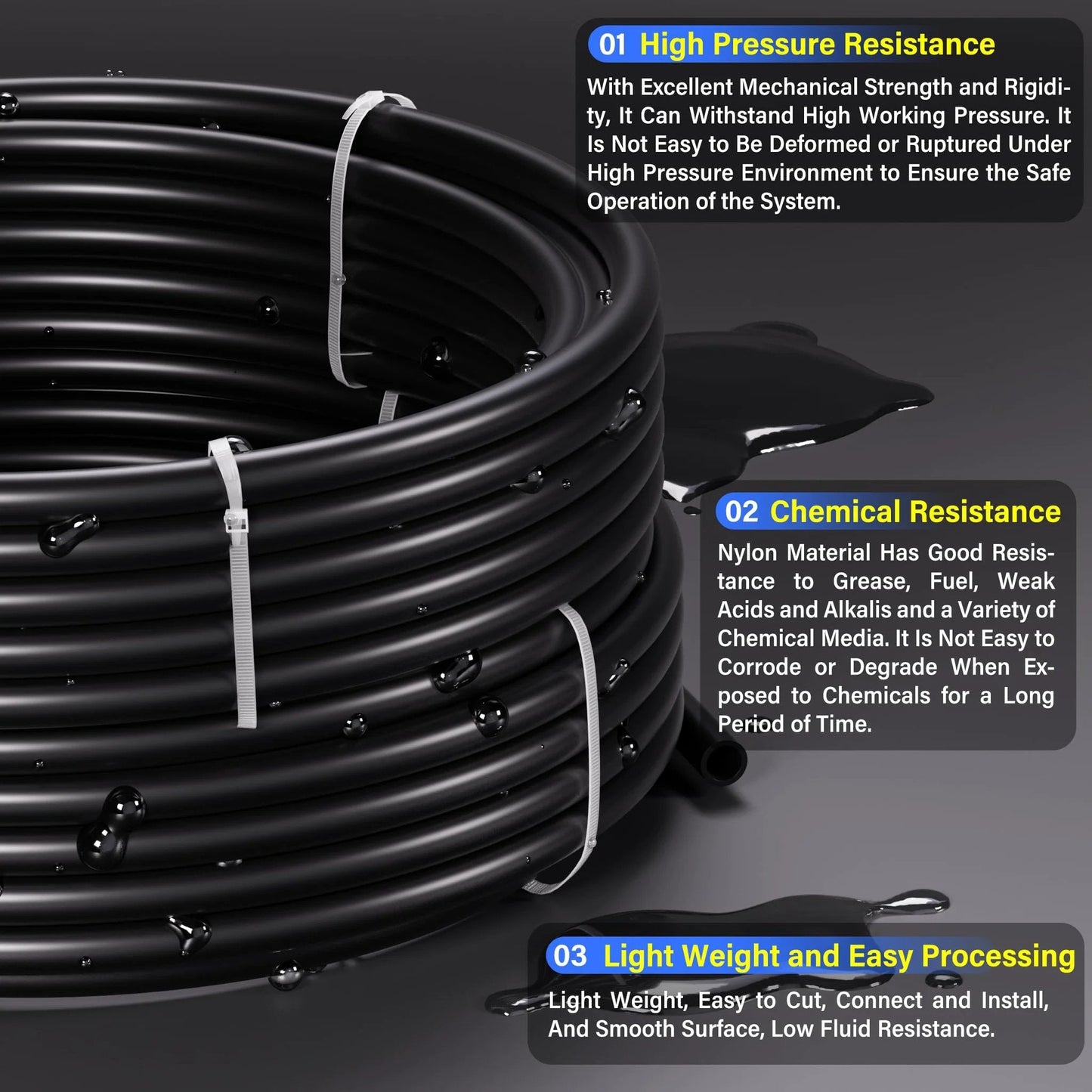 Heavy Duty Black Nylon Pneumatic Tubing For Air Lines One Quarter Inch Outer Diameter One Sixth Inch Inner Diameter 32.8 Feet Long Burst 913 PSI Working 362 PSI Temperature Range Minus 22 To 248 Fahrenheit DOT Air Brake Tube coiled with resistance tips