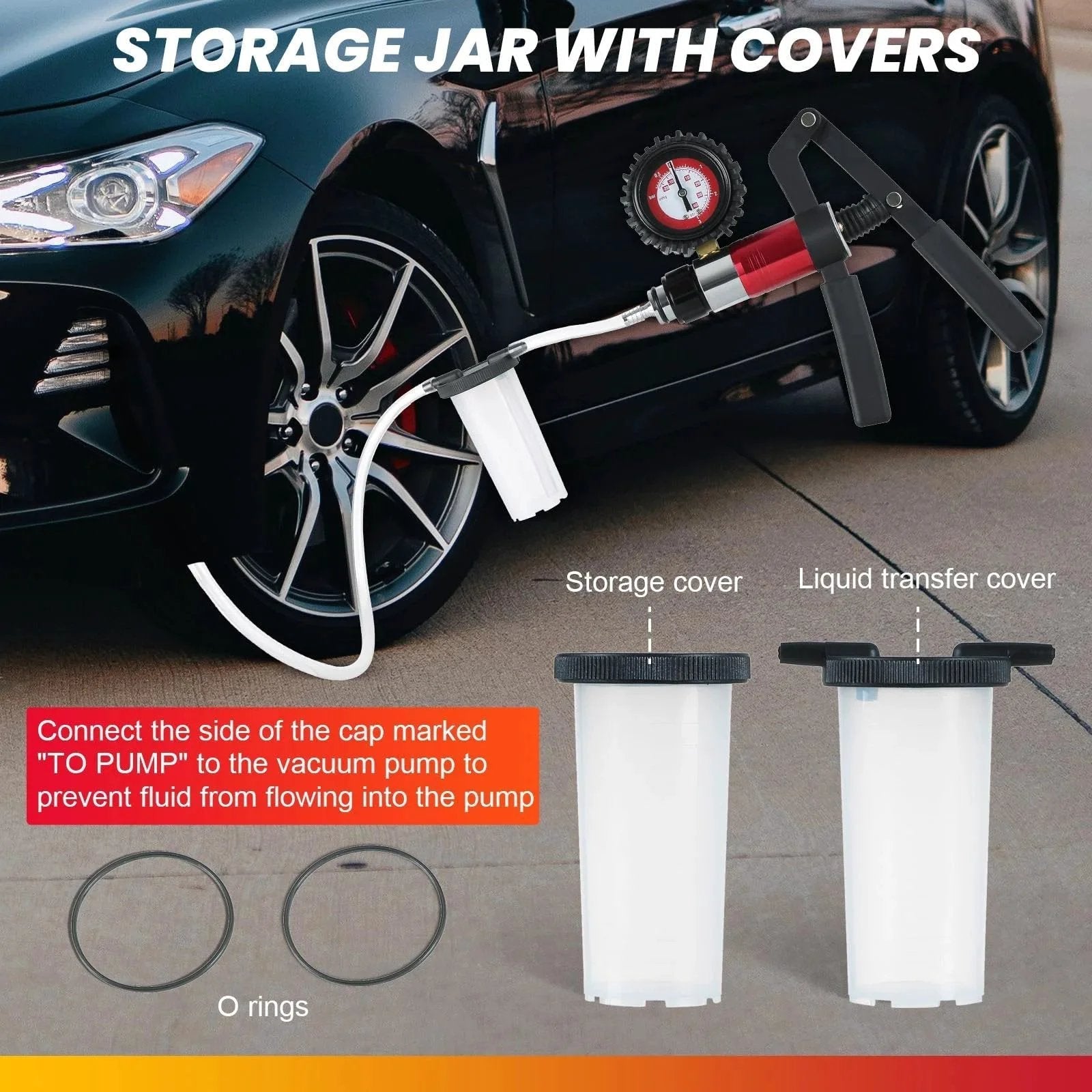 All In One 2 In 1 Handheld Vacuum And Pressure Brake Bleeder Kit With Gauge Adapters connected to car wheel