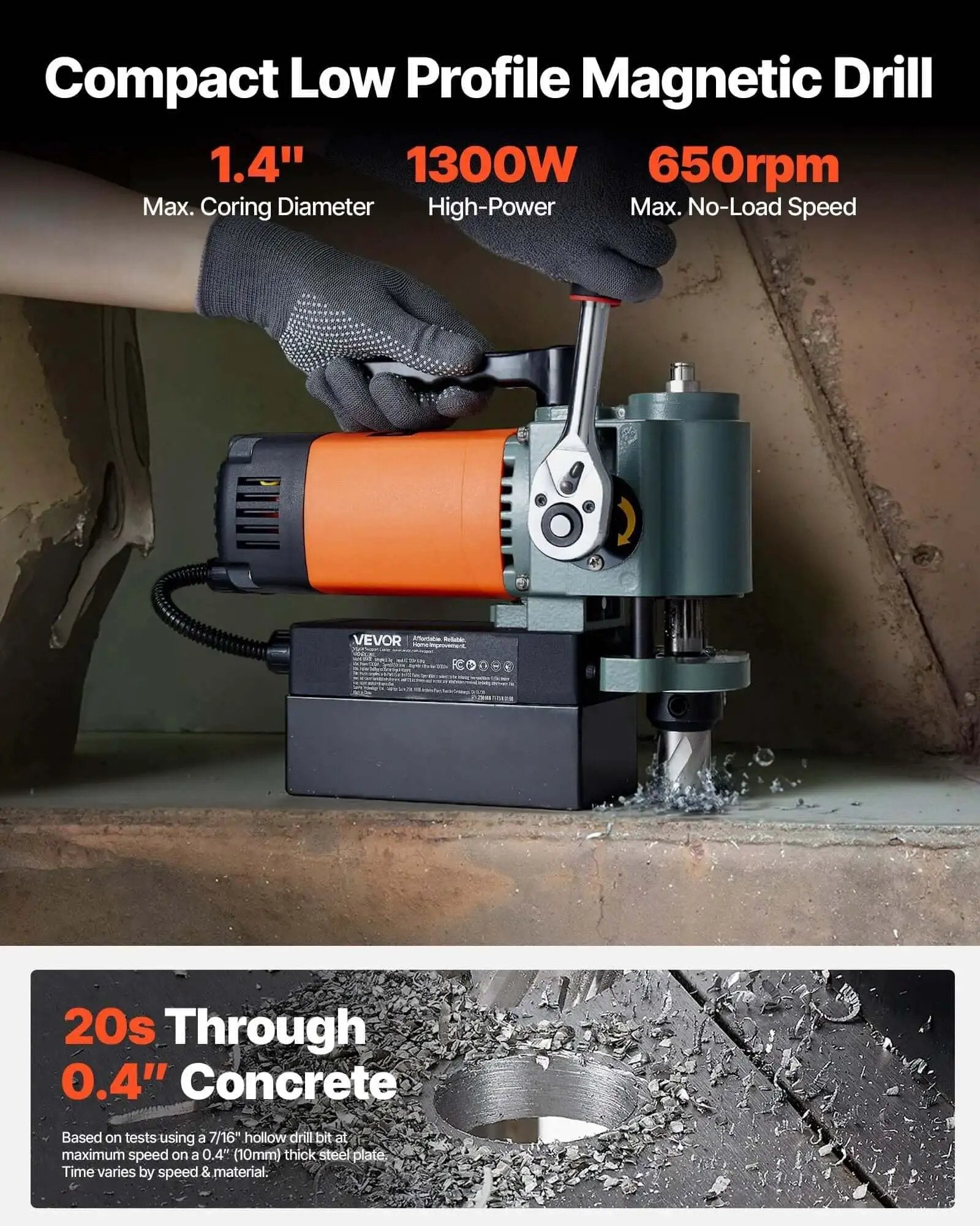 Low Profile Magnetic Drill Press With 1300W Power, 1.4 Inch Boring Capacity, Portable Weldon Shank Mag Drill in use on metal surface