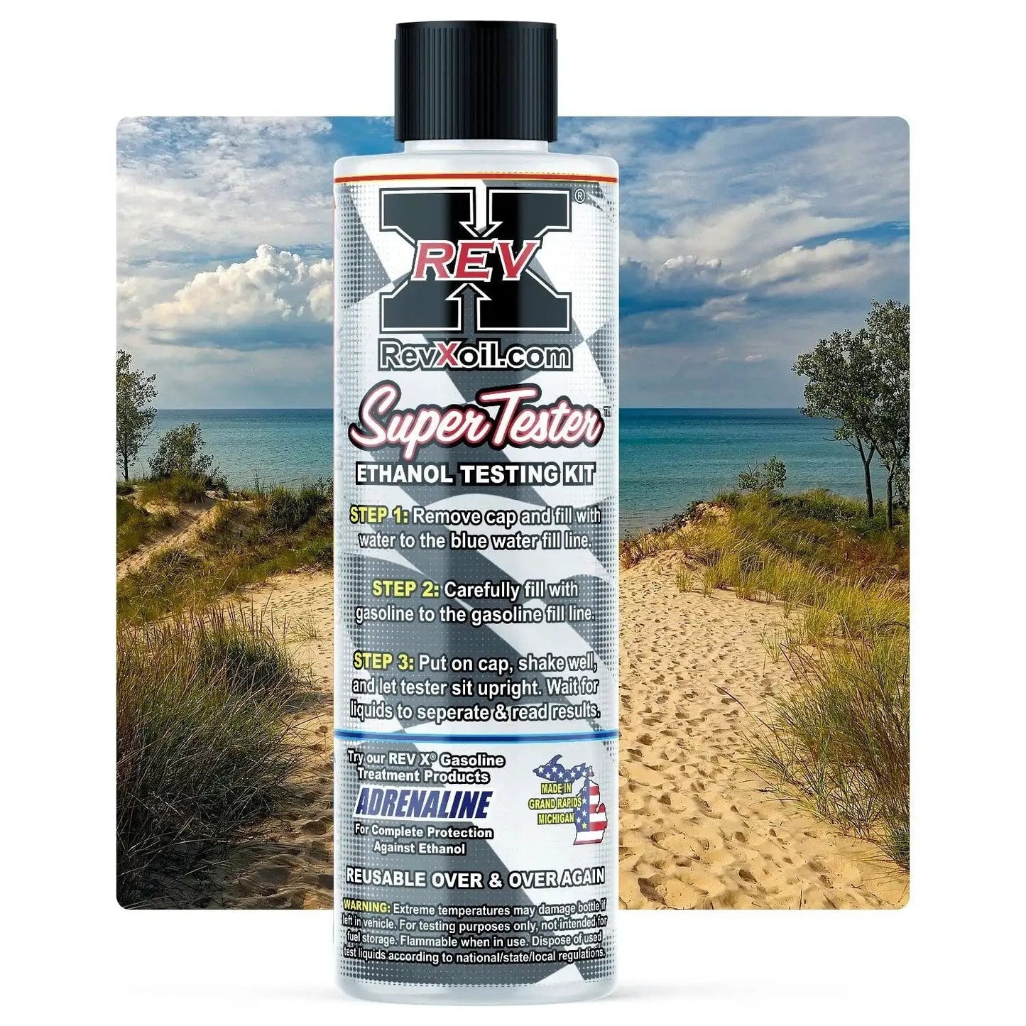 Reusable Gasoline Ethanol Test Kit For Detecting E10 To E90 Ethanol Levels with laminated label on sandy path background