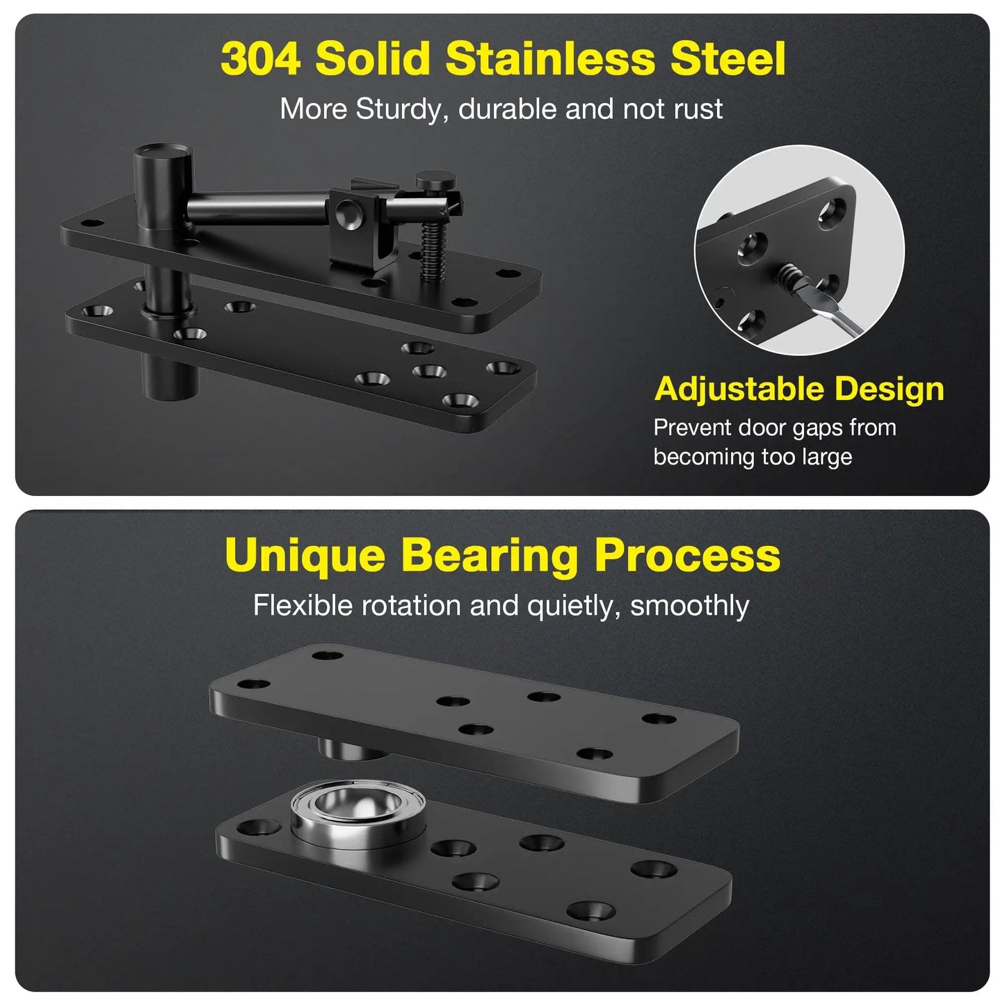 Hidden Door Hinge Kit With 620 Lbs Load Bearing Heavy Duty Stainless Steel Pivot Hinge 360 Degree Rotation Black Invisible Hardware for Secret Doors showcasing stainless steel parts and bearing process.