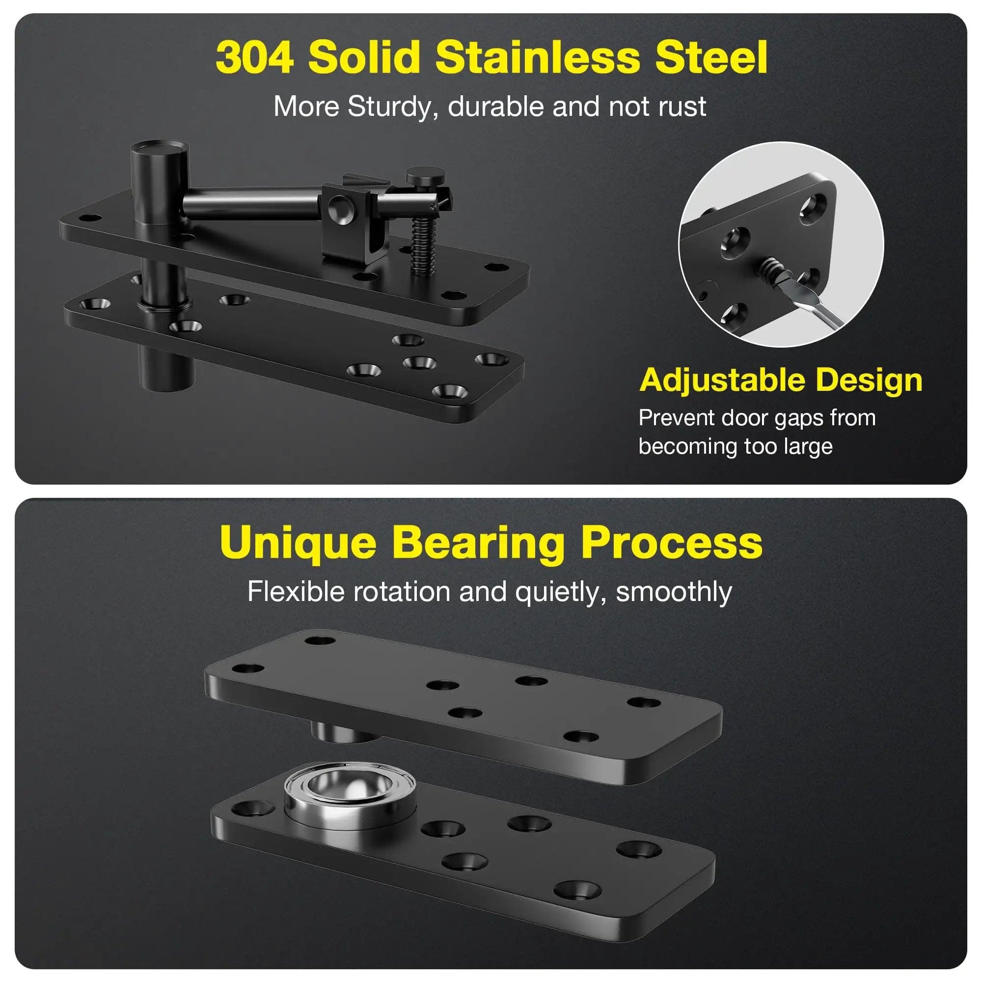 Hidden Door Hinge Kit With 620 Lbs Load Bearing Heavy Duty Stainless Steel Pivot Hinge 360 Degree Rotation Black Invisible Hardware for Secret Doors showcasing stainless steel parts and bearing process.
