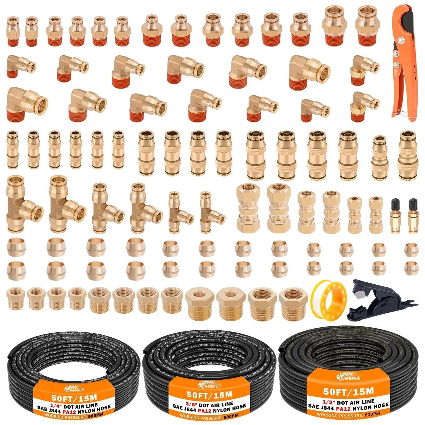 Durable DOT Air Line Kit With Brass Push Lock Fittings And Tubing One Hundred Pieces Pack Includes Fifty Feet Each Of One Half, Three Eighths, And One Quarter Inch Lines, Brass Tee And Unions, Ninety Degree Elbows And Quick Connect Air Fittings
