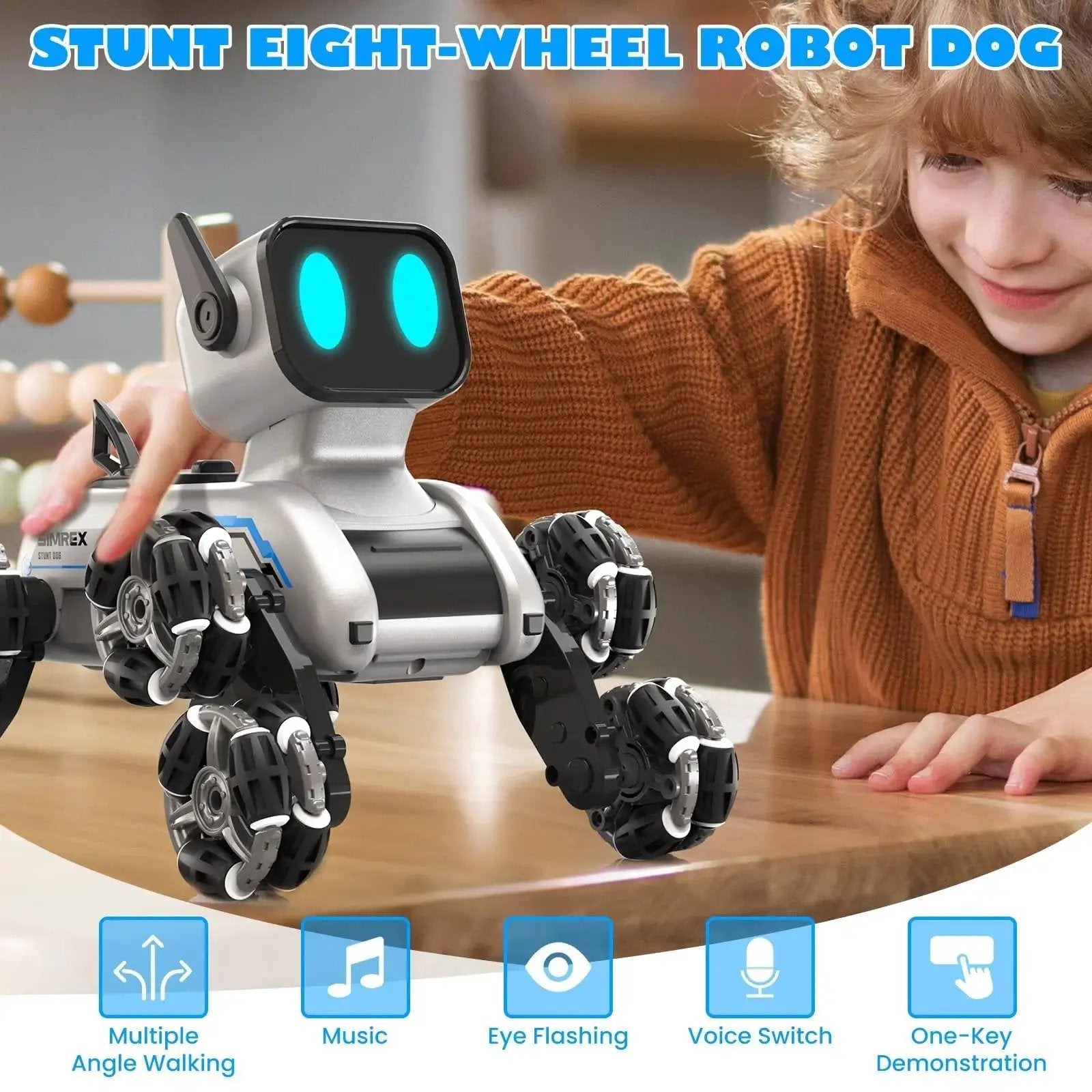 Child playing with Dynamic Eight Wheel Robot Dog RC Stunt Car with Gesture Sensing Remote and RGB LED Eyes indoors.