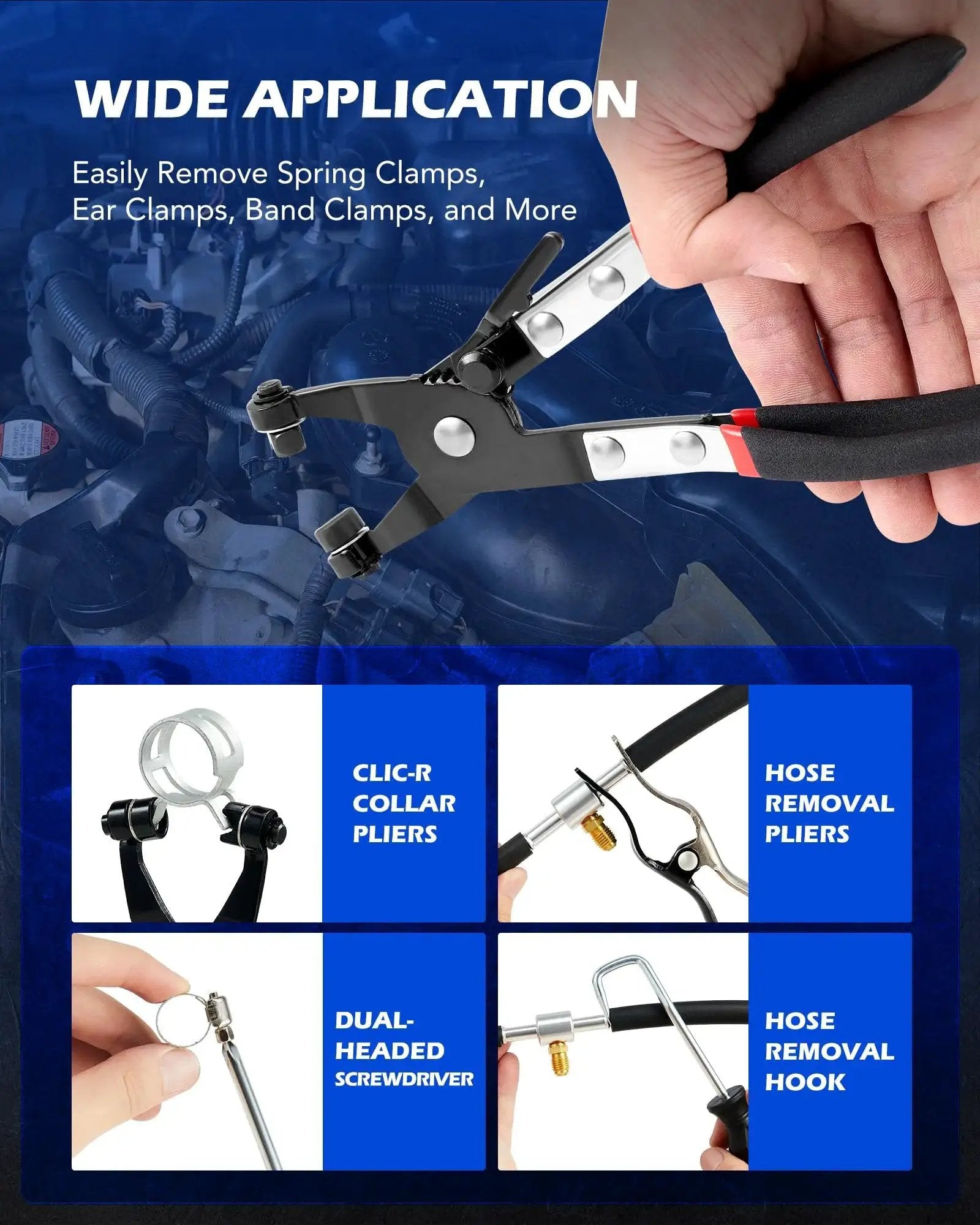 9 Piece Hose Clamp Pliers Set With Long Reach Swivel Jaw And Flat Band Pliers showing multiple plier types and applications