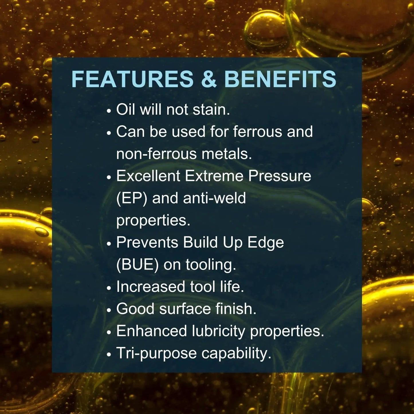 Image detailing features and benefits of Go To General Purpose Metalworking Cutting Oil For Ferrous And Nonferrous Metals Multipurpose Non Soluble Lubricant With EP Additive To Prolong Tool Life Ideal For Threading Tapping Milling And Grinding Made In USA By Presidential 5 Gallon.
