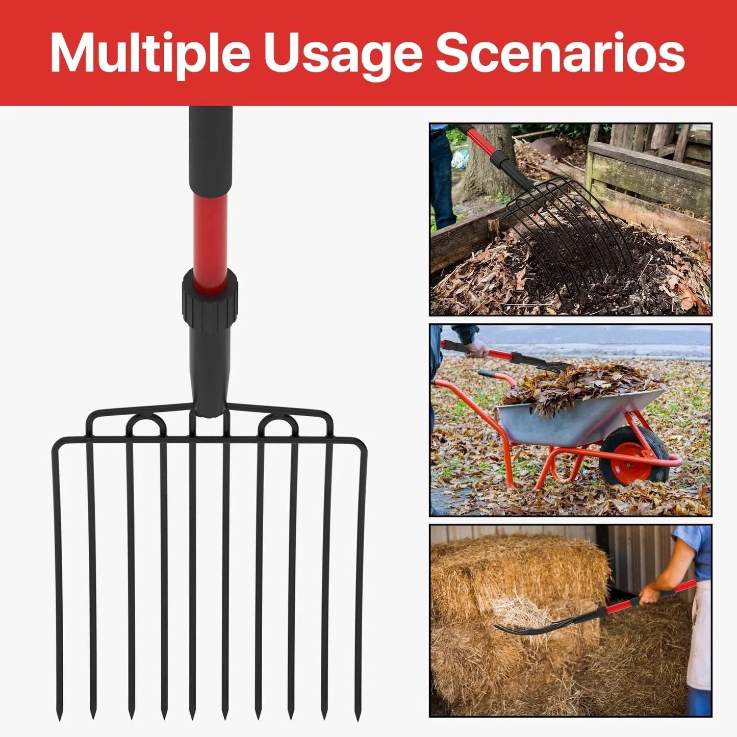 Wide 10 Tine Garden Pitch Fork With Carbon Steel Tines And Fiberglass Handle 44 Inch Red Heavy Duty Pitch Fork For Mulching Compost Manure Chicken Coops Gardens And Farm Cleanup