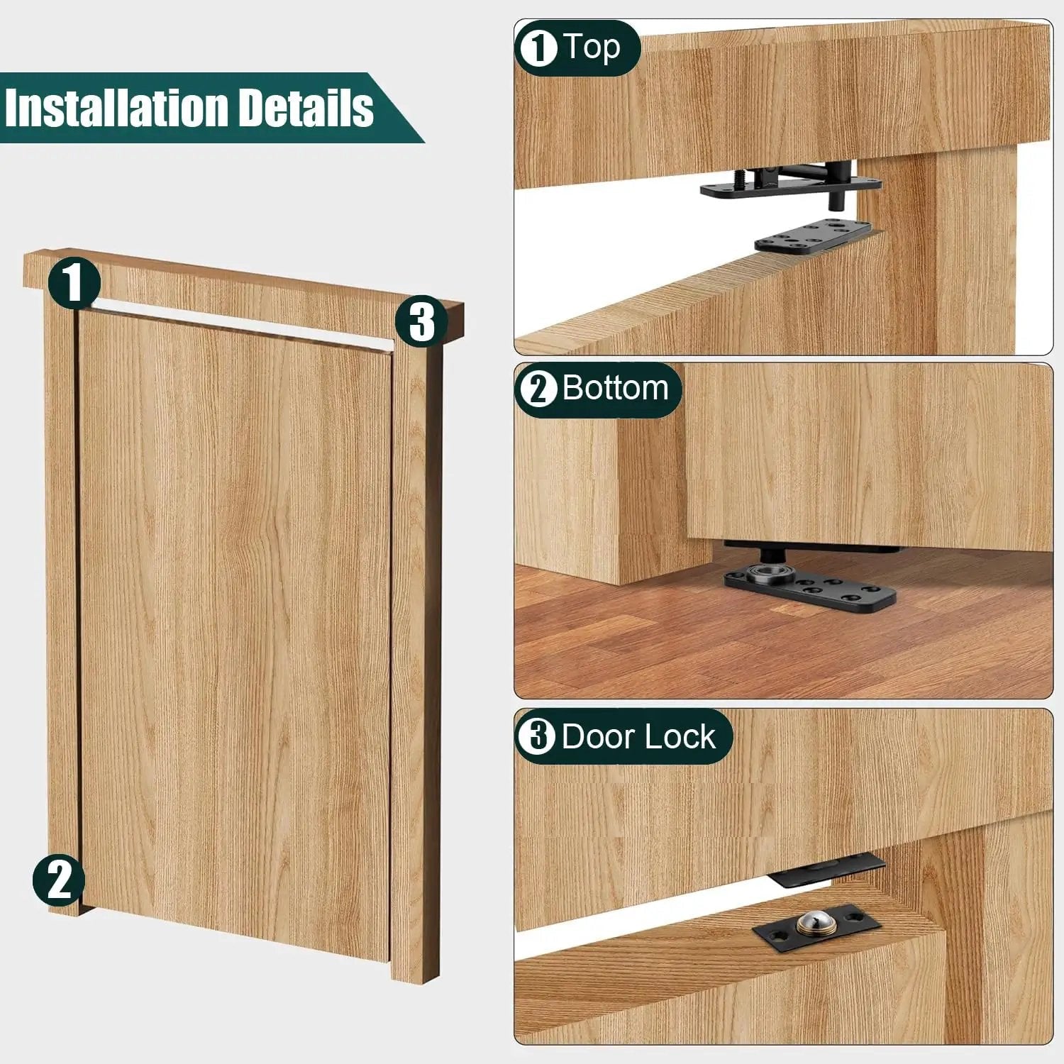 Installation details of heavy duty hidden door pivot hinge for 360 degree rotation, 573 lb load bearing, stainless steel concealed door hardware by Tuykay, 304 stainless steel, rust resistant and built tough for bookcase doors.