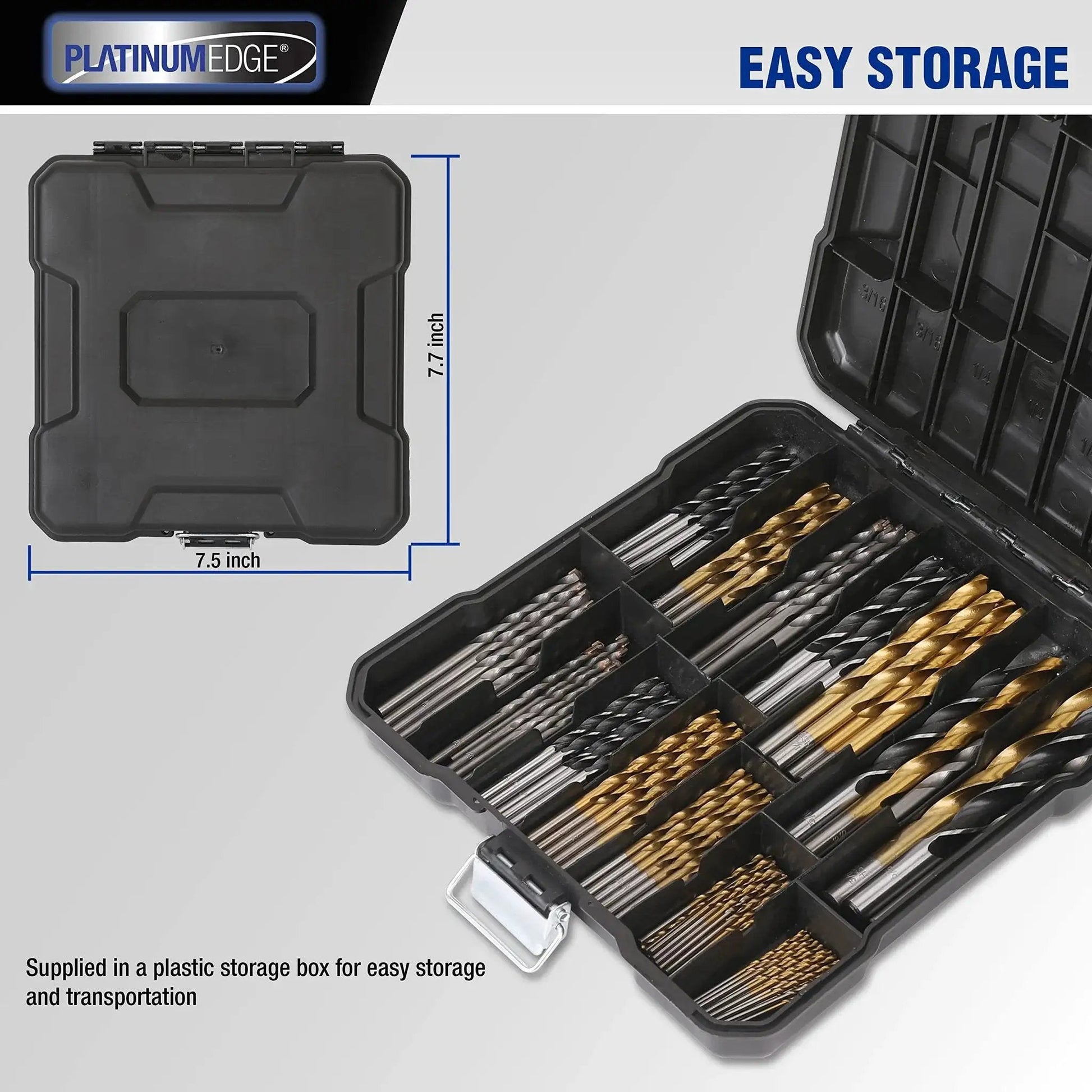 All In One 140 Piece Drill Bit Set With 88 Titanium Twist Bits 26 Masonry Bits And 26 Brad Point Bits For Wood Metal Concrete In A Hard Storage Case For Builders And DIYers shown in open and closed case with dimensions visible.