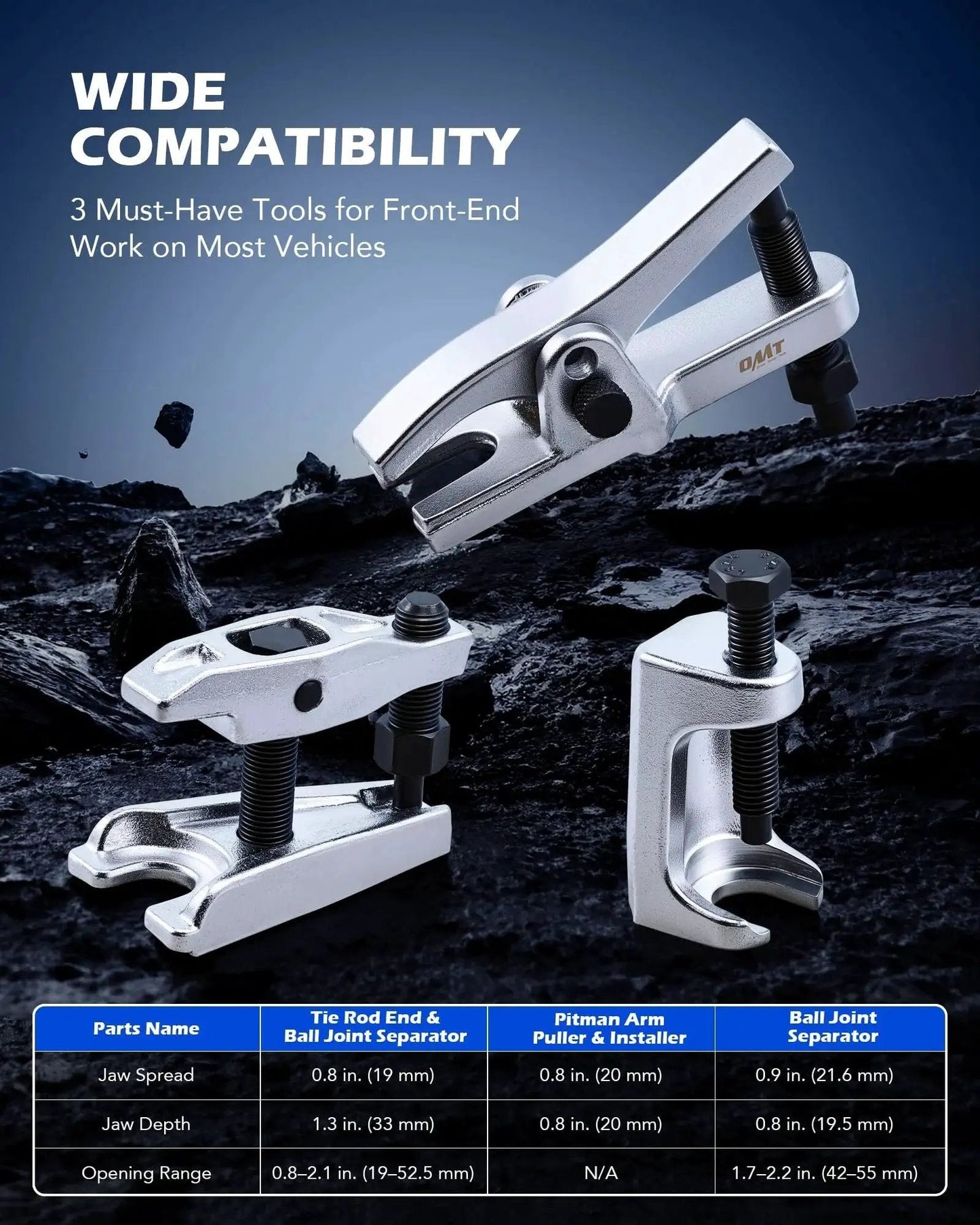 Ball Joint Separator And Pitman Arm Puller Set For Front End Service 3 Piece displayed on a dark surface
