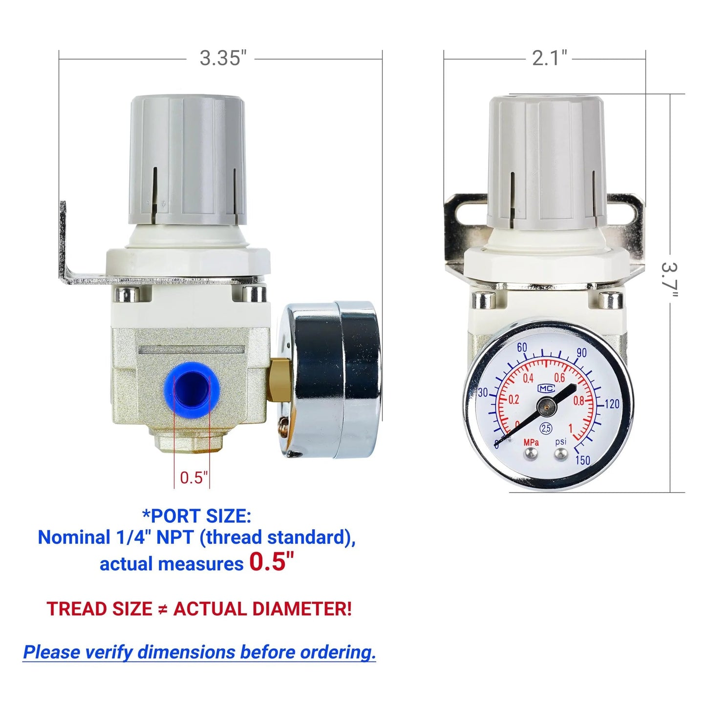Pro Grade Air Regulator For Compressors With 0.25 Inch Port And 0 To 150 PSI Gauge Bracket Included 20 SCFM Flow Electroplated Dial
