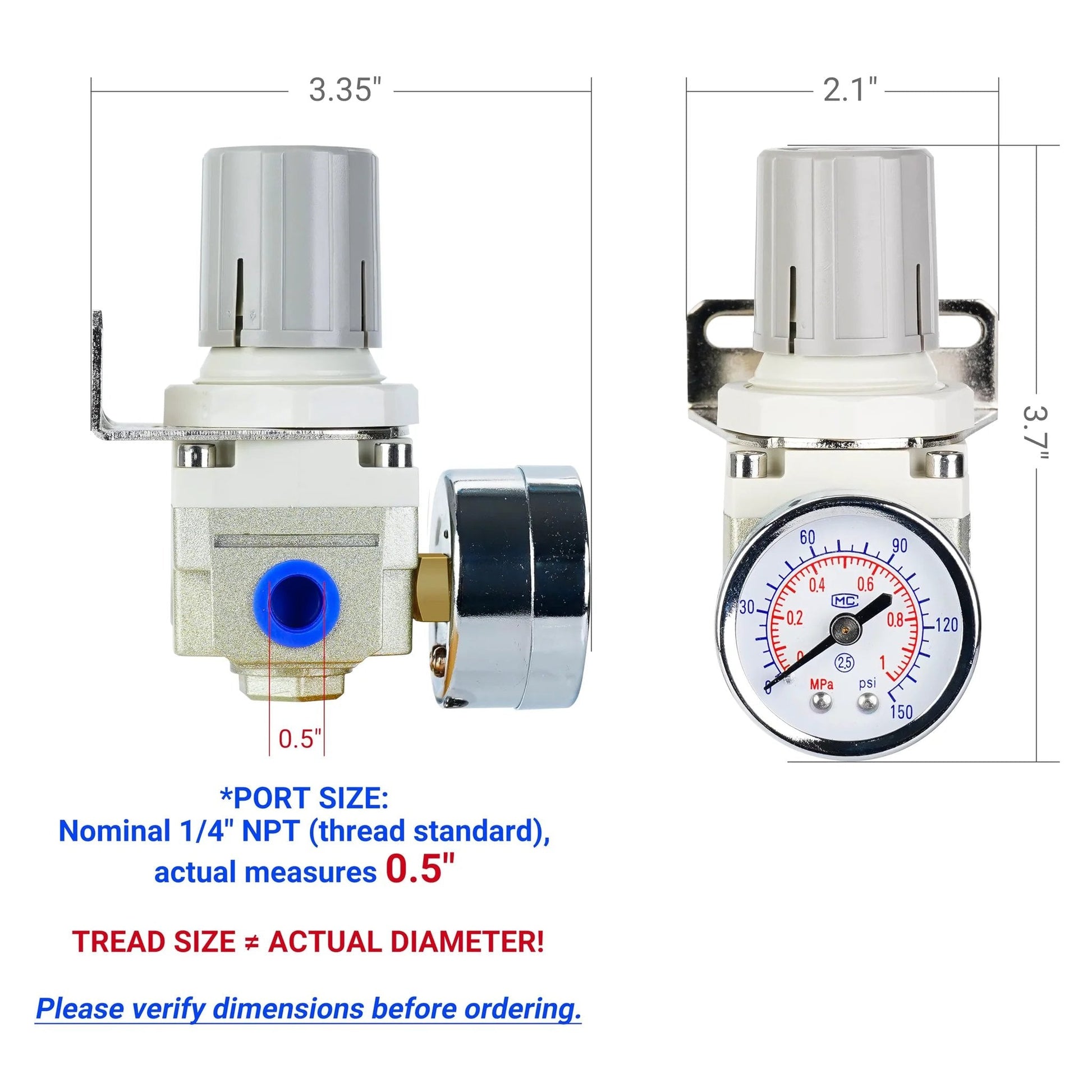 Pro Grade Air Regulator For Compressors With 0.25 Inch Port And 0 To 150 PSI Gauge Bracket Included 20 SCFM Flow Electroplated Dial