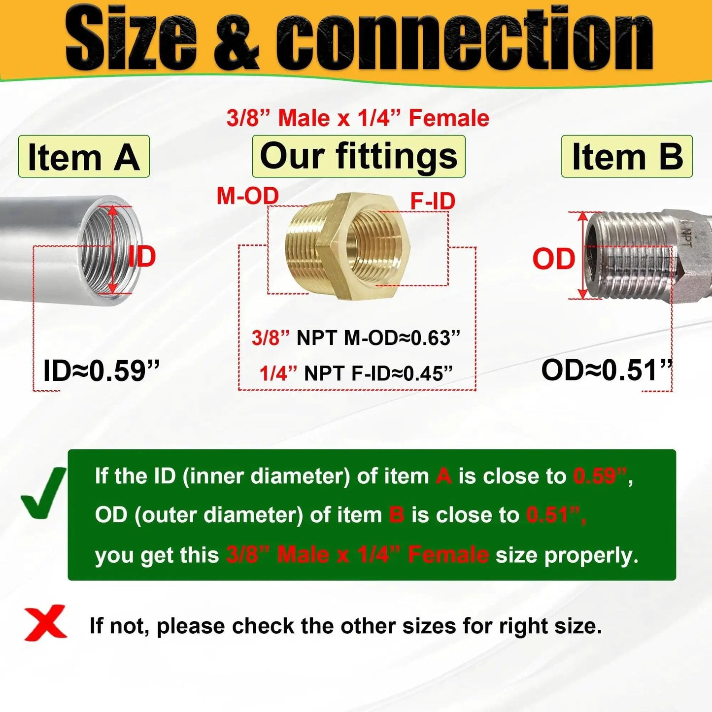 Diagram showing 3/8 MNPT to 1/4 FNPT brass reducer fitting, comparing size and connection compatibility with pipes.