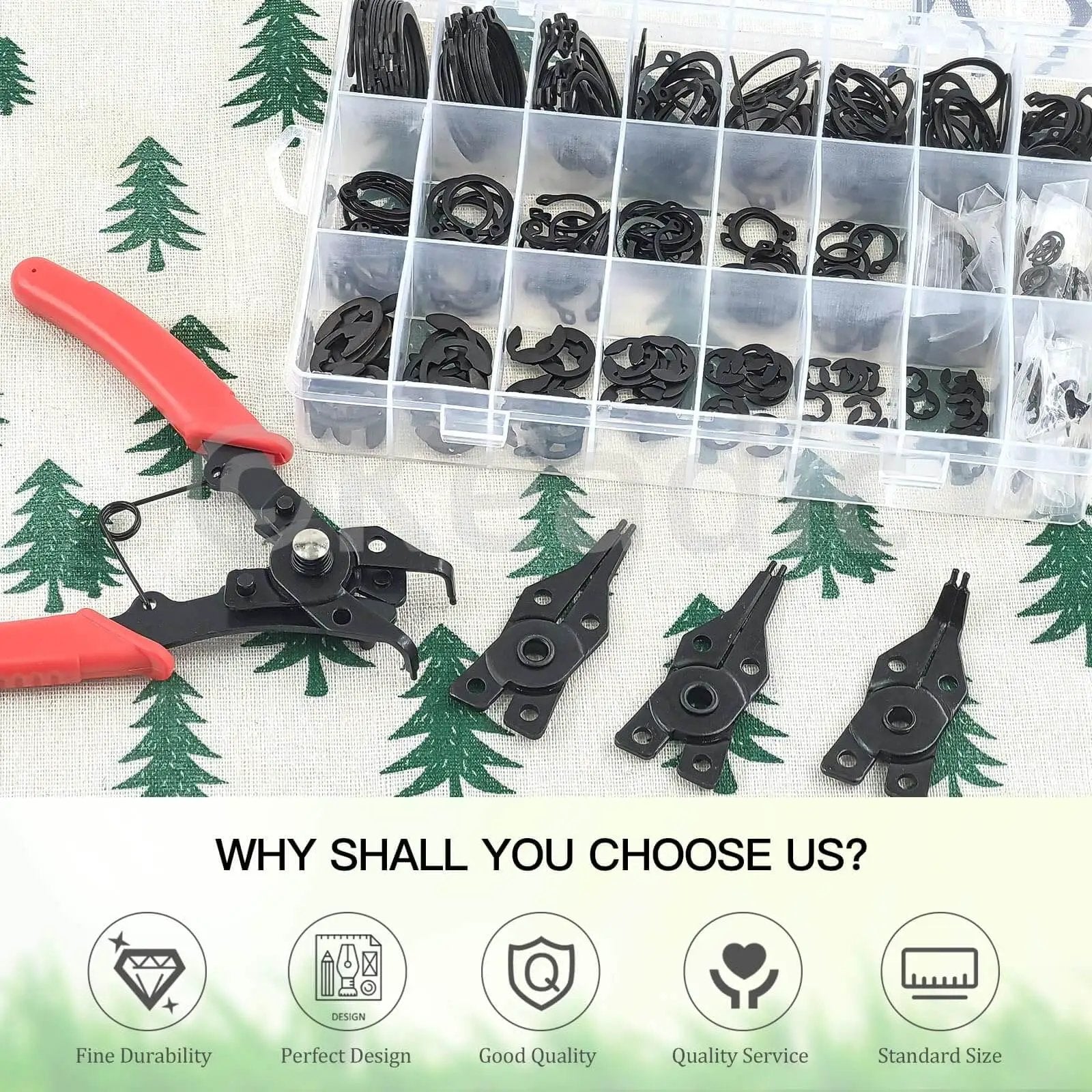 All In One Snap Ring Kit For M4 To M28 External C Clips And E Clips With Pliers And Tweezers 312Pcs Heavy Duty Alloy Steel Assortment Set With 21 C Clip Sizes And 10 E Clip Sizes By Keadic, showing organized assortment in a box with tools.