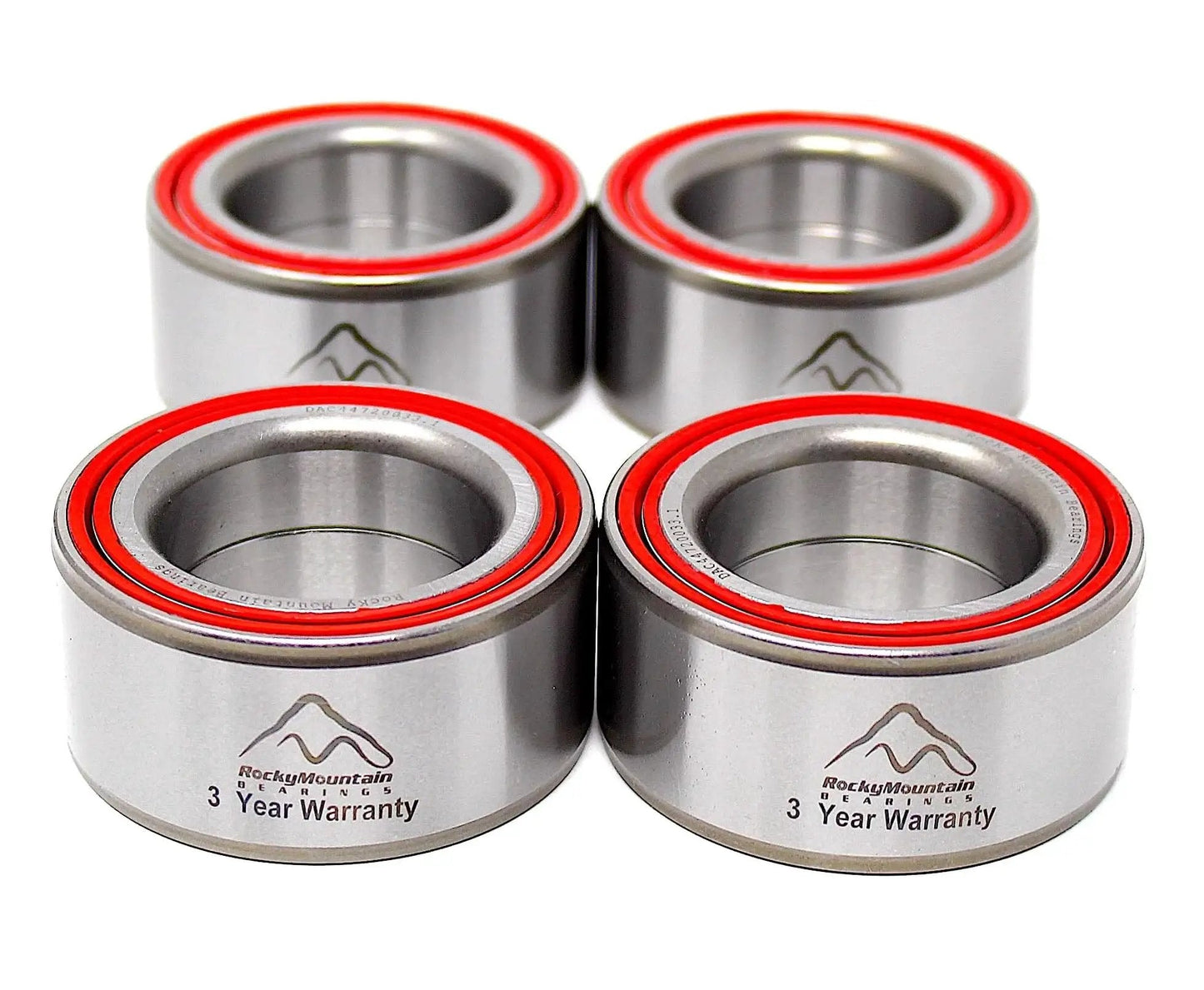 Heavy Duty OEM Replacement Wheel Bearing Kit For Polaris Ranger 900 And 1000 Front And Rear Fitment Across All Model Years 2013 Through 2025 Ensures Smooth Operation Reduced Play Easy Install And Long Lasting Performance, featuring four metal bearings with red seals and warranty logo.