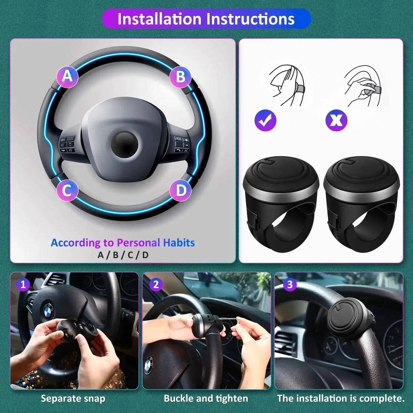 Installation instructions for Spinner Knob Steering Wheel Buddy With 360 Degree Rotation For Easy Driving Silicone Surface And Metal Bearings Replaceable Quick Release Grip For Cars Trucks Boats Pack Of 2 Bundle