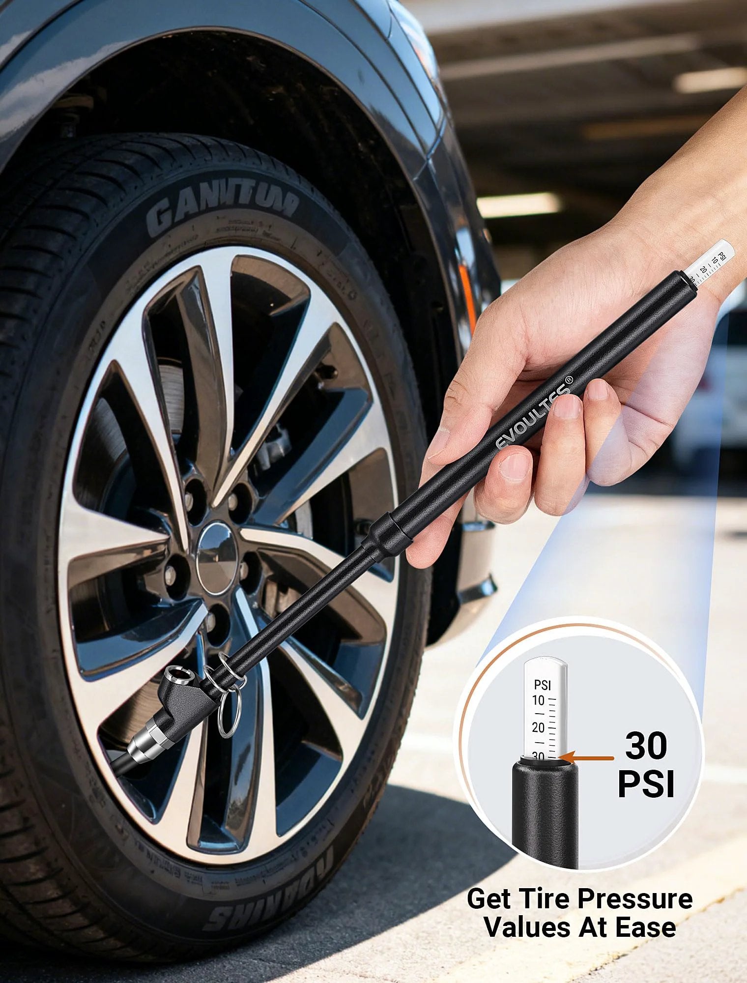 Heavy Duty Tire Pressure Gauge With Extended Dual Head Chuck 10 To 150 PSI For Truck RV And Car Straight On And 30 Degree Reverse Chuck For Dual Wheels And Hard To Reach Valves Includes Four Valve Caps Built Tough EVOULTES being used on a car tire