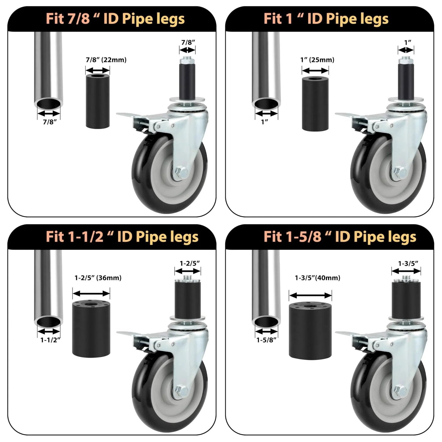 Diagram showing Five Inch Prep Table Casters Set of 4 Heavy Duty Expanding Stem Wheel Casters with Brakes for various tube leg sizes.