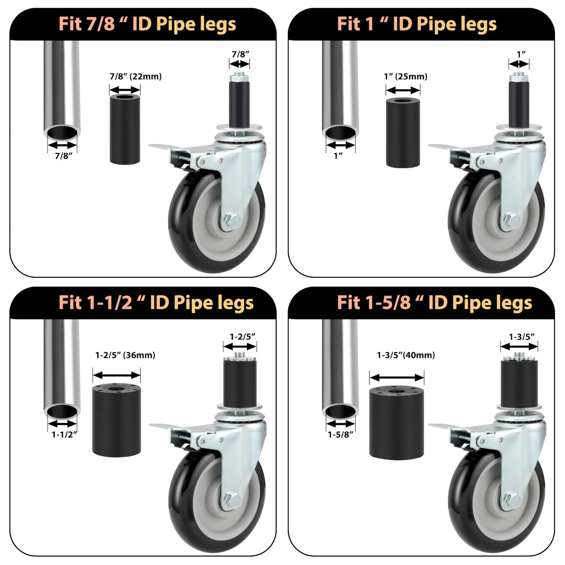 Diagram showing Five Inch Prep Table Casters Set of 4 Heavy Duty Expanding Stem Wheel Casters with Brakes for various tube leg sizes.