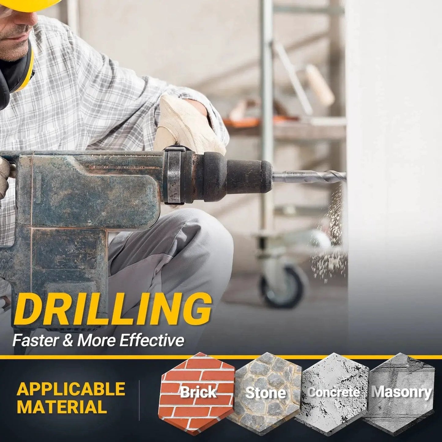 Person using 17 Piece SDS Plus Rotary Hammer Drill Bits And Chisel Set With YG8C Carbide Tips For Concrete Brick And Stone Masonry