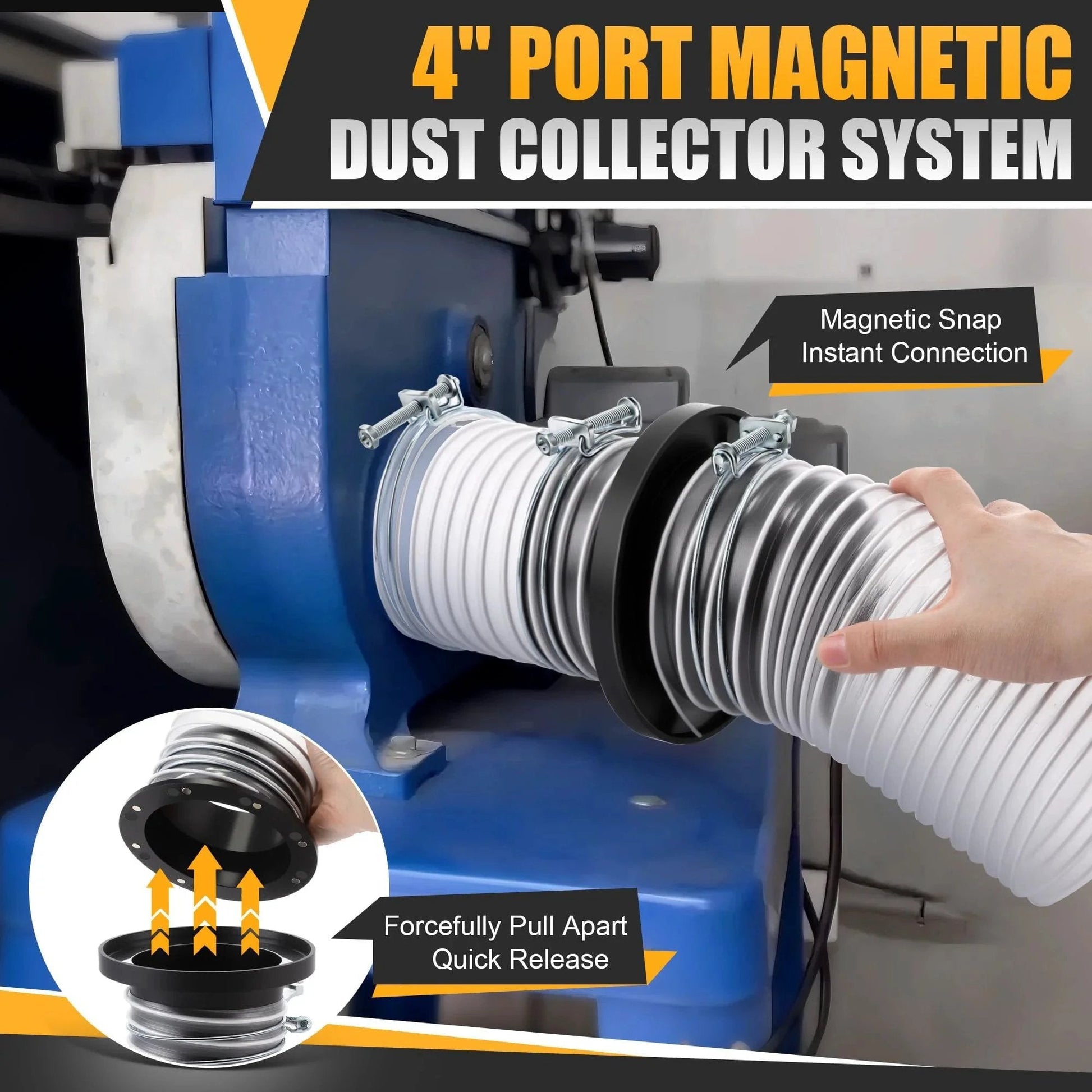 4-inch port Magnetic Dust Collector Fast Connect System Starter Kit with Neodymium fittings, hose, and clamps attached to machine