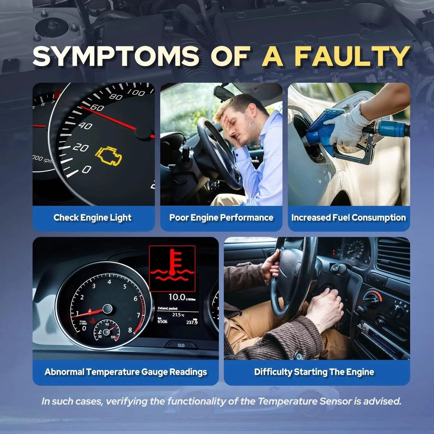 Image showing symptoms of a faulty engine coolant temperature sensor including check engine light, poor performance, increased fuel consumption.